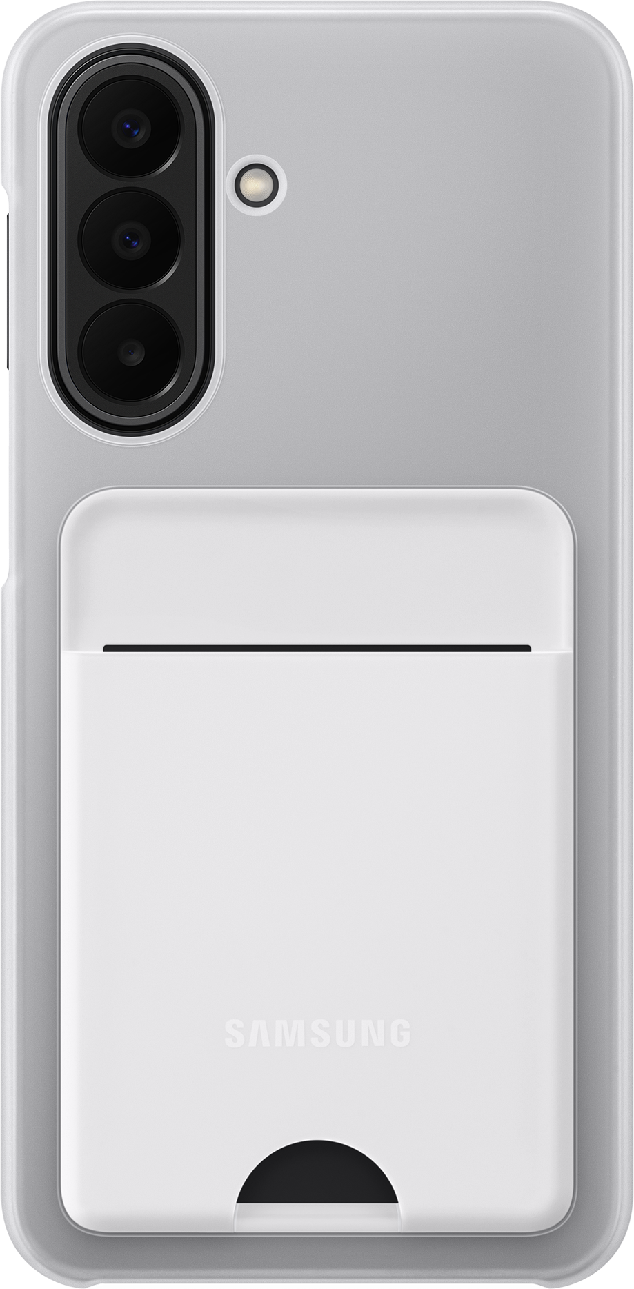 Arrière d'un téléphone Samsung blanc avec une unité caméra et une poche à carte blanche.