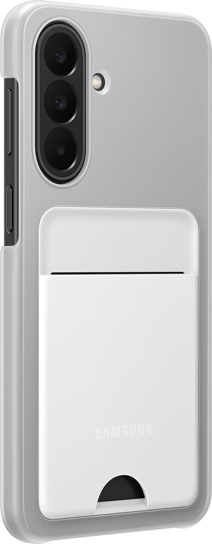 Arrière d'un étui gris pour téléphone Samsung avec porte-cartes et module caméra.