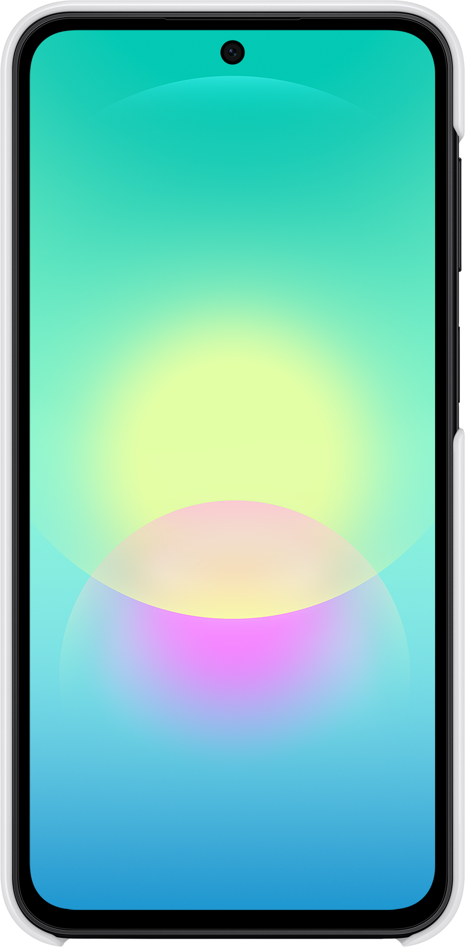 Smartphone avec dégradé turquoise à bleu, présentant des cercles jaunes et roses.