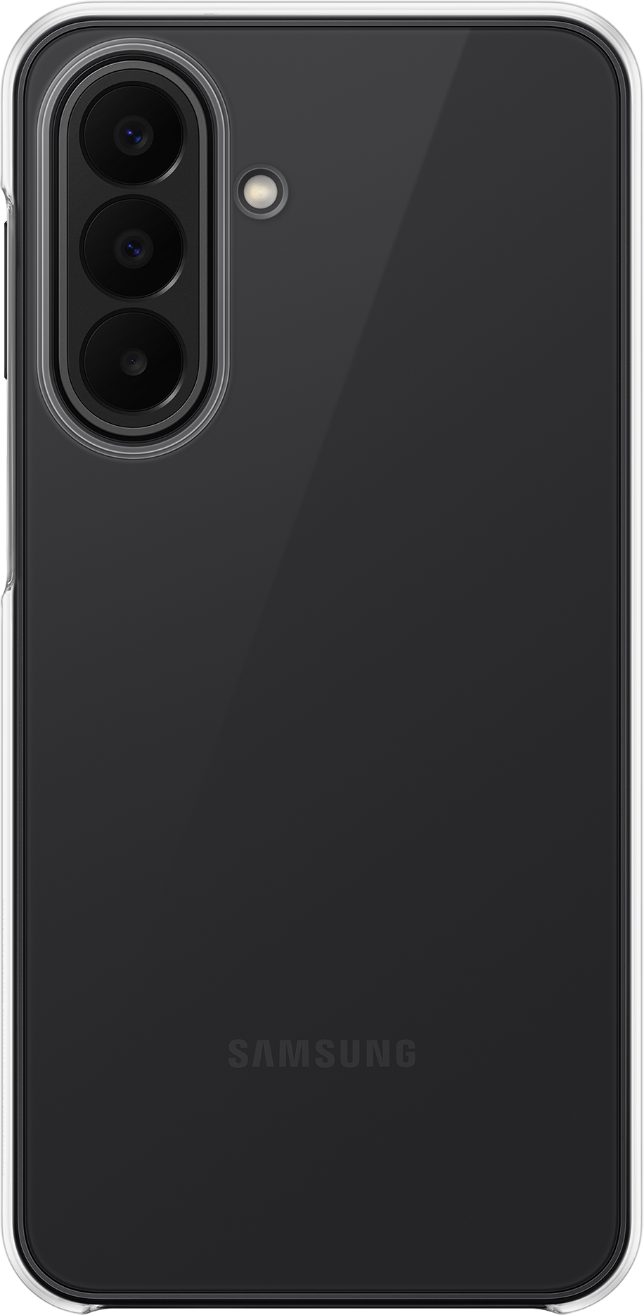 Custodia trasparente per telefono con tripla fotocamera e flash su telefono nero. Logo Samsung.