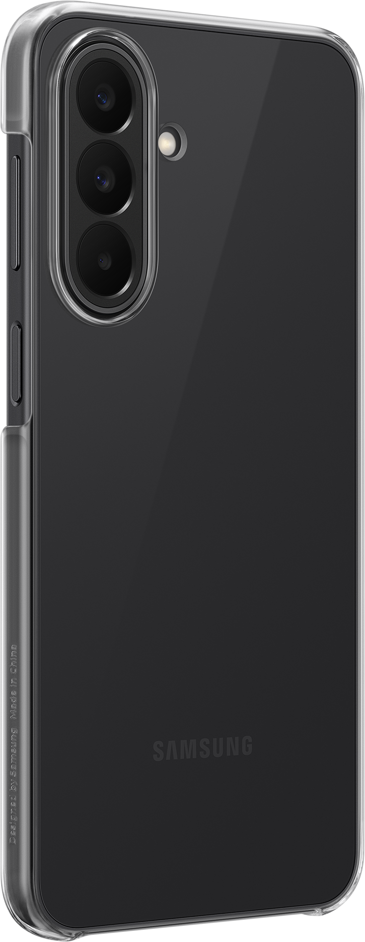 Custodia trasparente per telefono con tre fotocamere e flash su sfondo scuro.