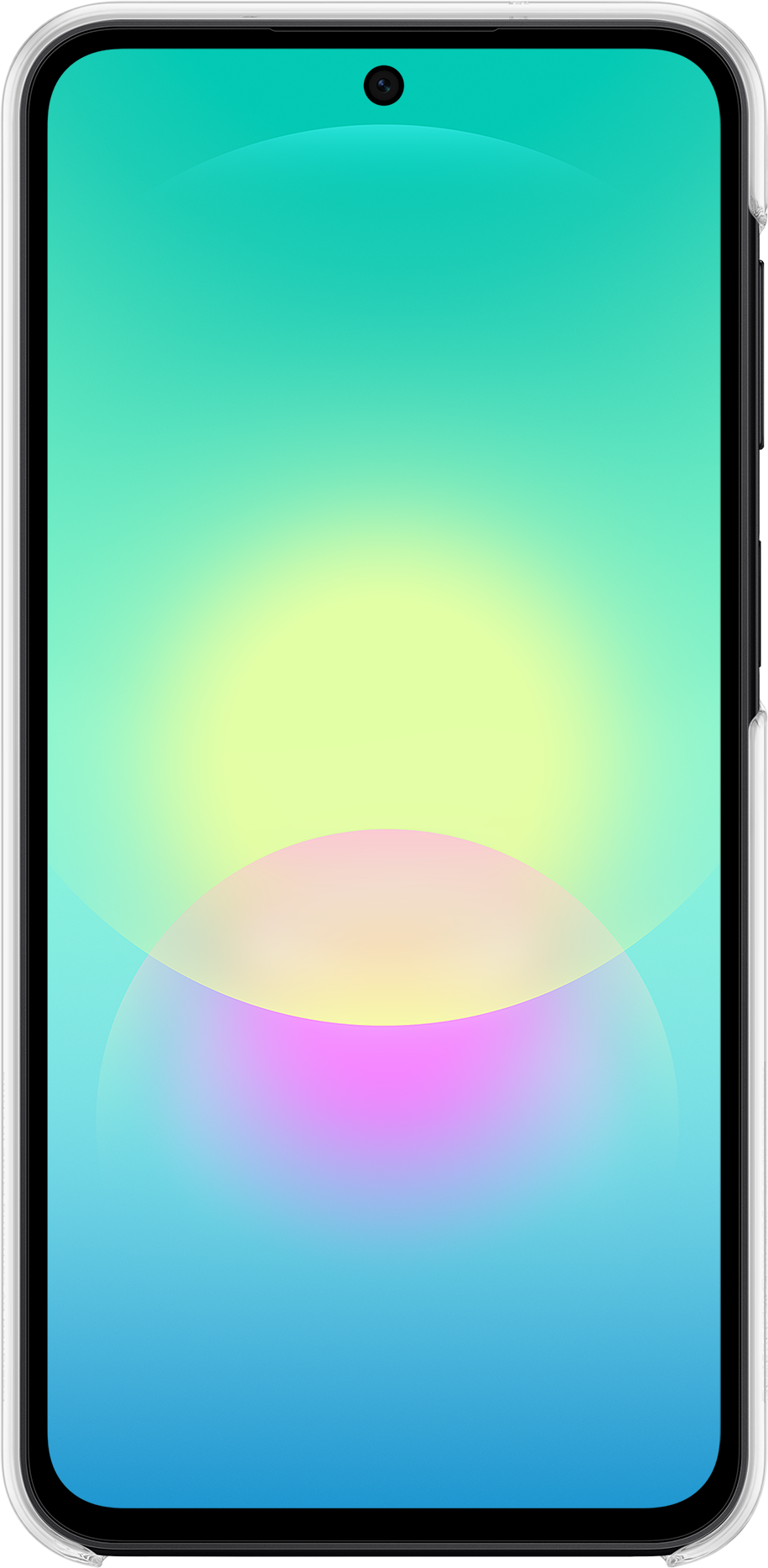 Uno smartphone mostra uno sfondo vivace con una sfumatura di turchese, giallo, rosa e blu, con due cerchi traslucidi.