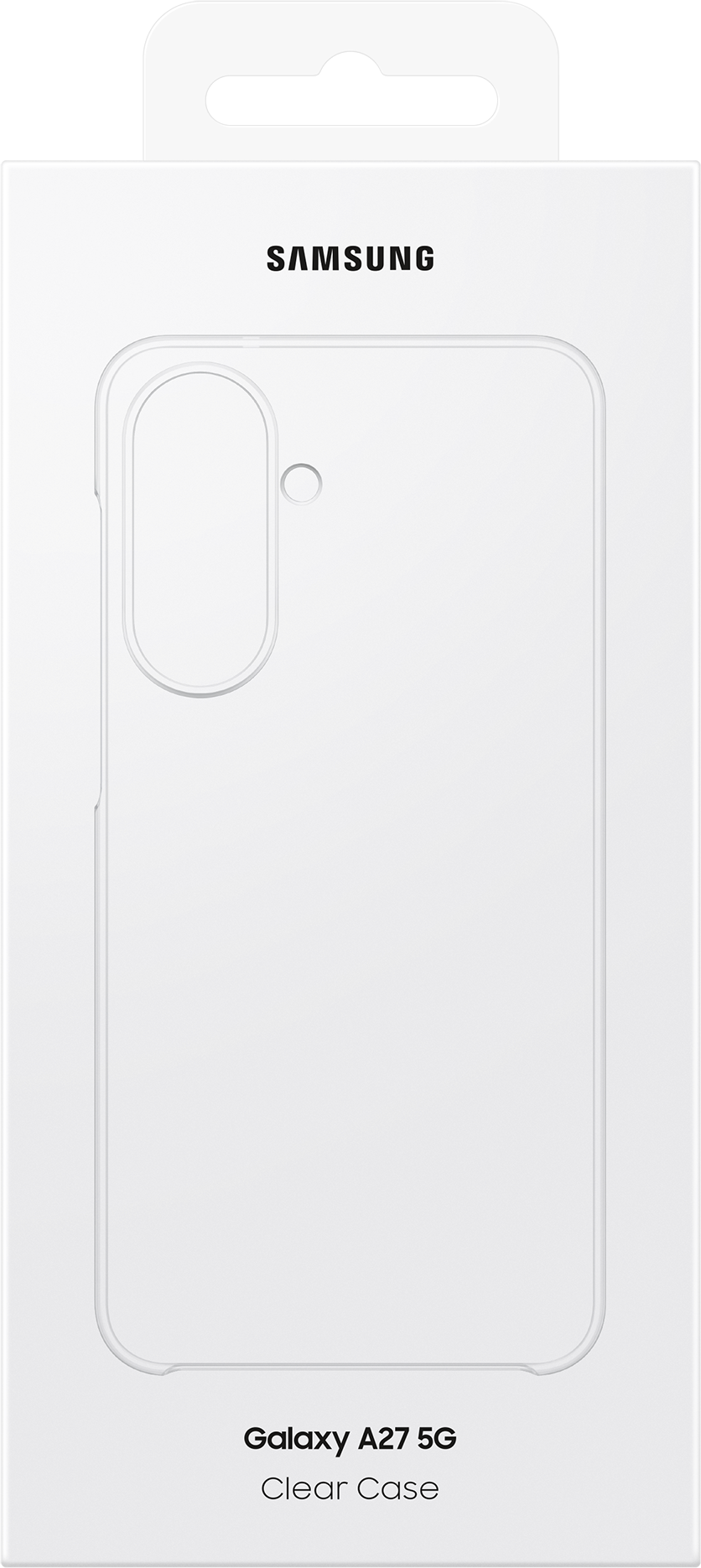 Confezione bianca Samsung Galaxy A27 5G Clear Case con illustrazione cover.