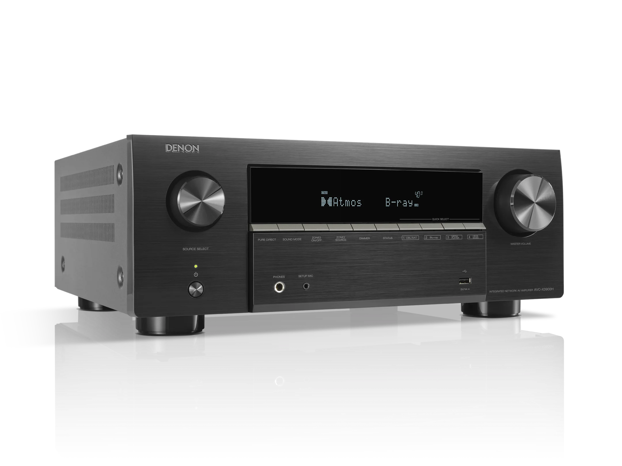 Ein schwarzer Denon AV-Verstärker mit silbernen Knöpfen und einem Display.