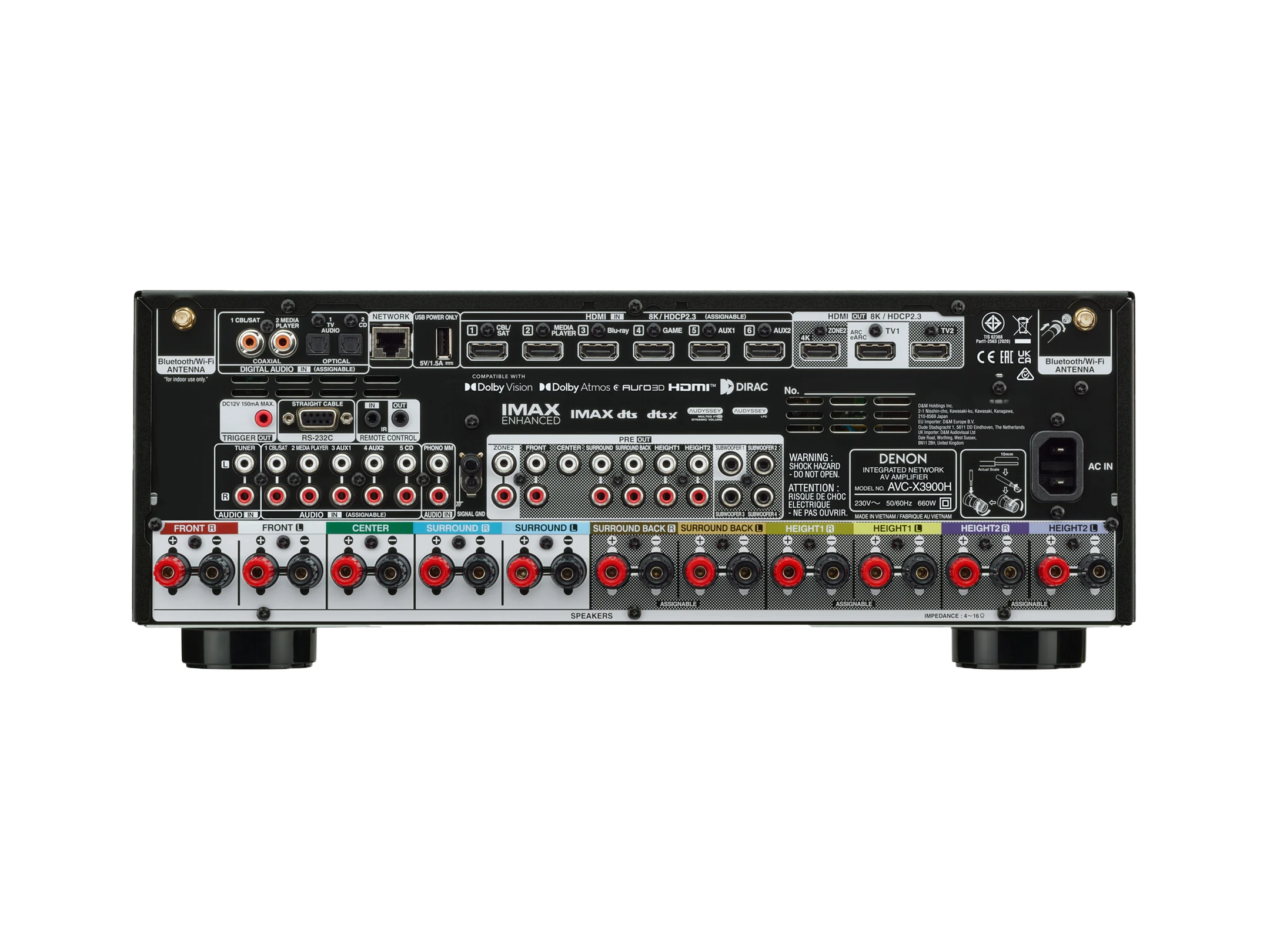 Rückseite eines Denon AV-Receivers, Modell AVC-X3900H, mit zahlreichen Anschlüssen für Audio, Video und Netzwerk.