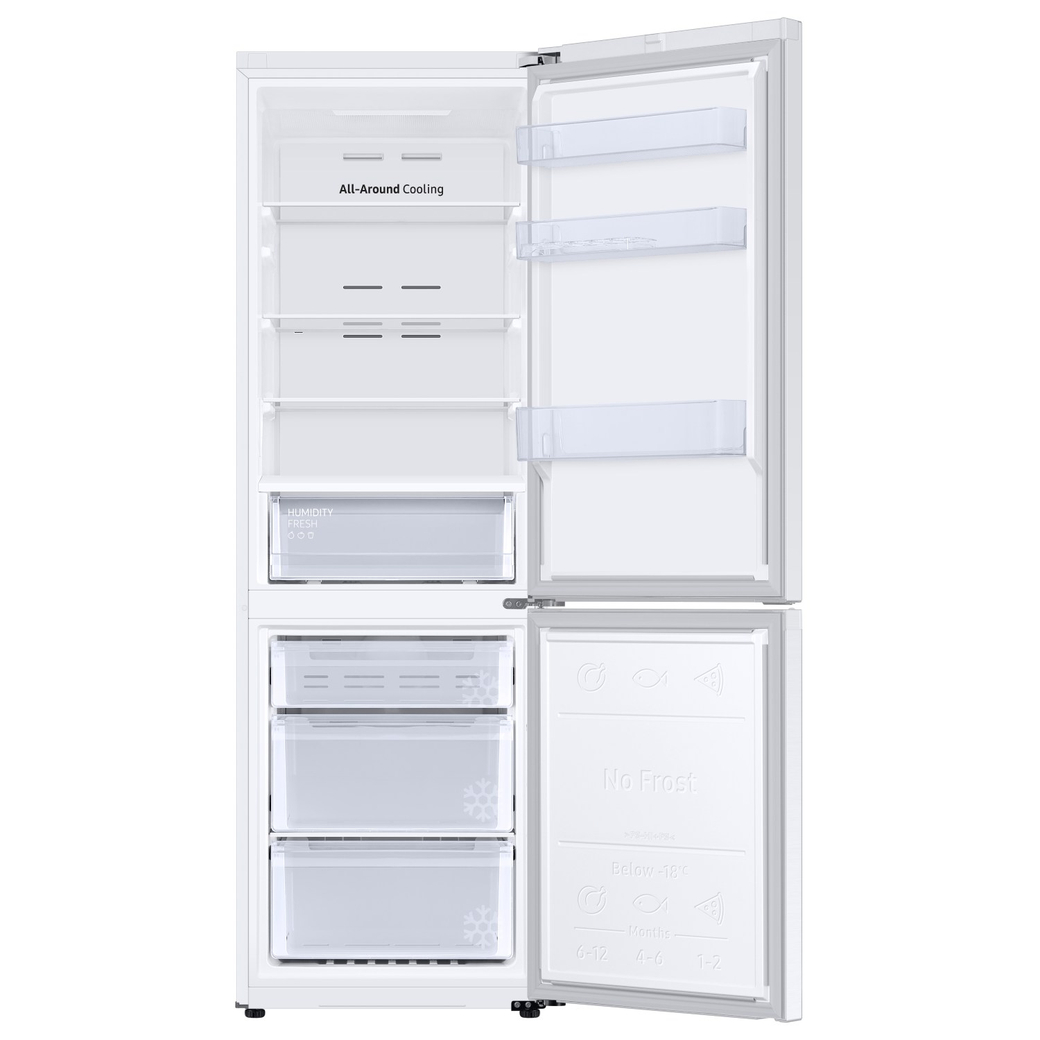 Refrigerador blanco abierto con múltiples estantes y cajones. Etiquetas 'All-Around Cooling' y 'No Frost' visibles.