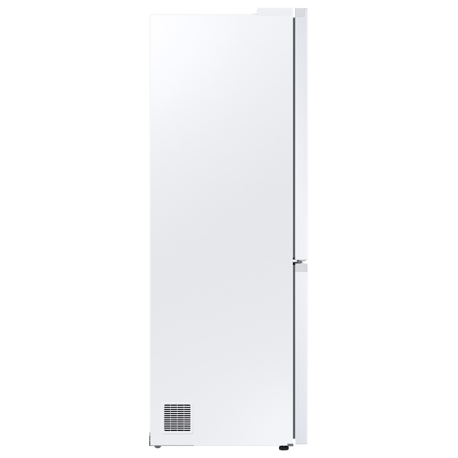 Un congelador o refrigerador blanco, alto y estrecho, de pie sobre un fondo blanco, visto desde el lado derecho.