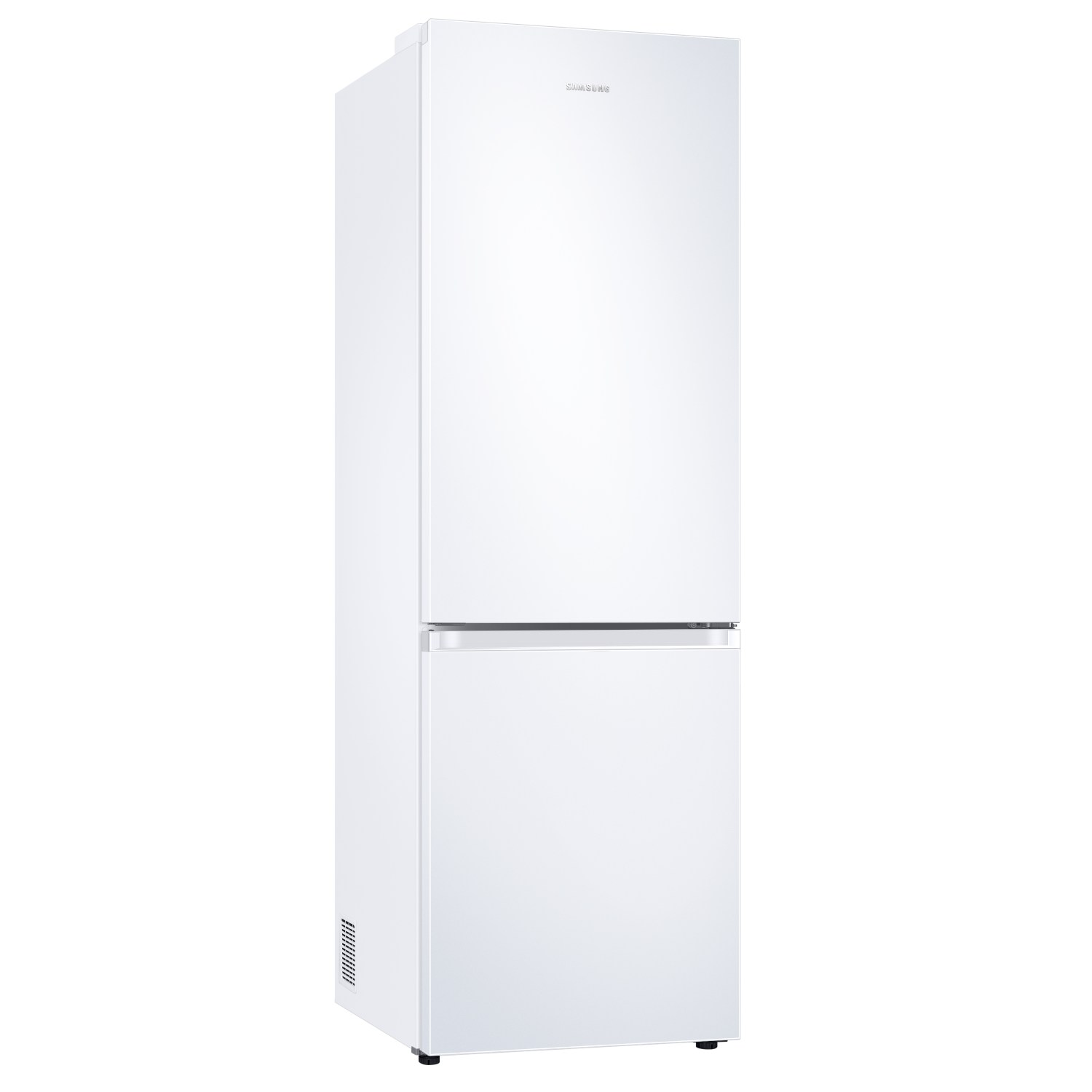 Un refrigerador Samsung blanco con congelador arriba.