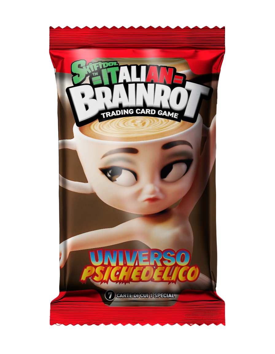 Csomag a "Skifidol Italian Brainrot Trading Card Game"-hez, kávét ivó figurával.