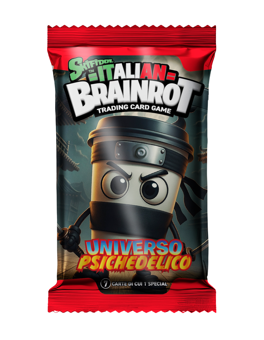 Csomag az 'Italian Brainrot' kártyajátékhoz, ninja kávéscsészével és stilizált szöveggel.