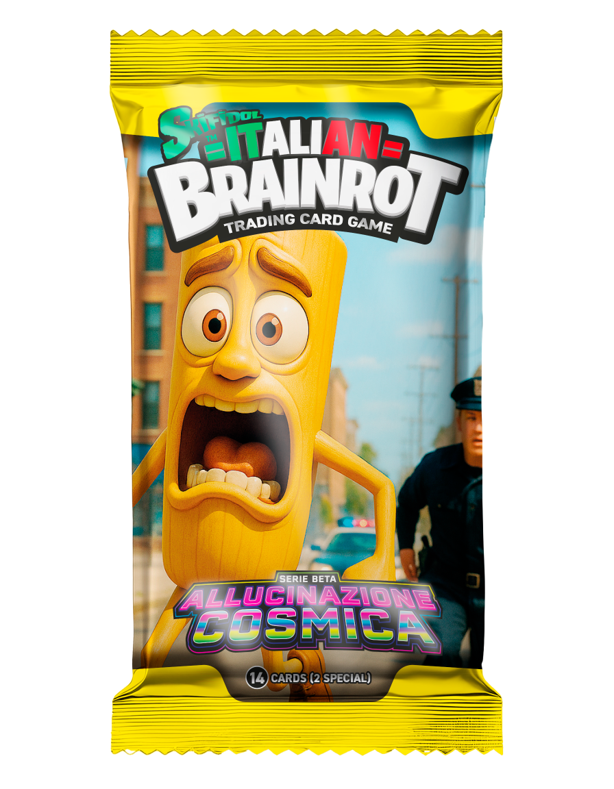 Sárga "Italian Brainrot" kártyacsomag rajzfilm tészta karakterrel.