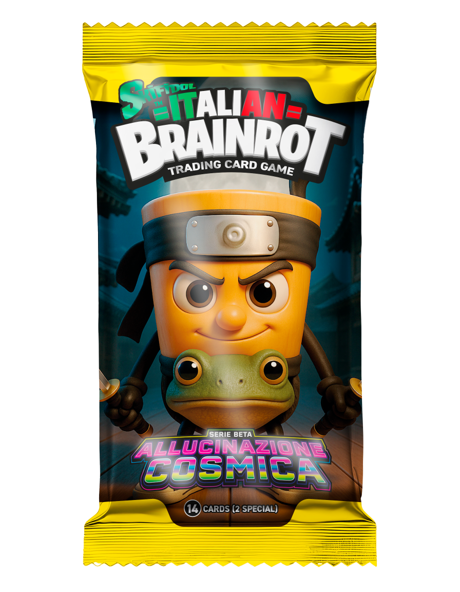 Csomagolás a "The Italian Brainrot" Kereskedési Kártyajátékhoz, csónak karakterrel és békával.