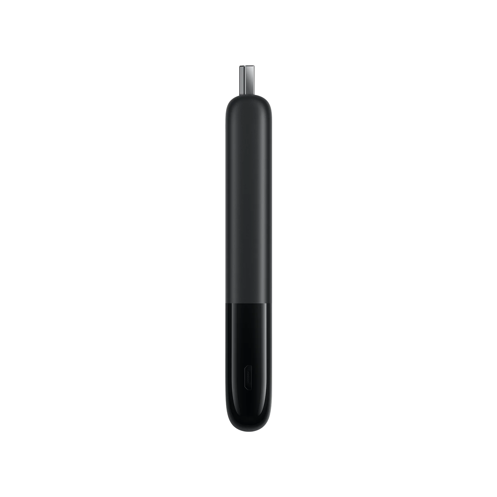 Üstte gümüş konektörlü, altta USB-C portlu siyah kalem.
