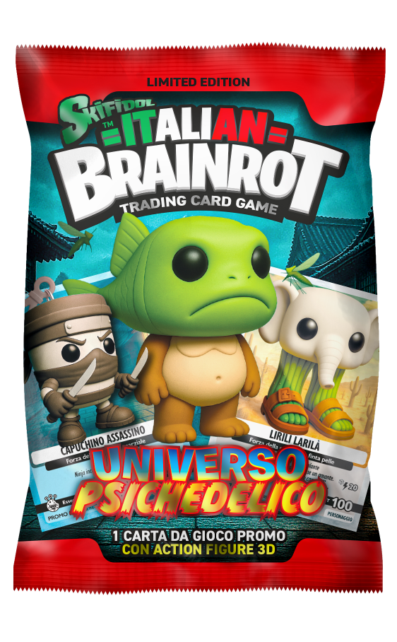 Egy "Italian Brainrot Trading Card Game" csomag három figurával: nindzsa, béka és elefánt.