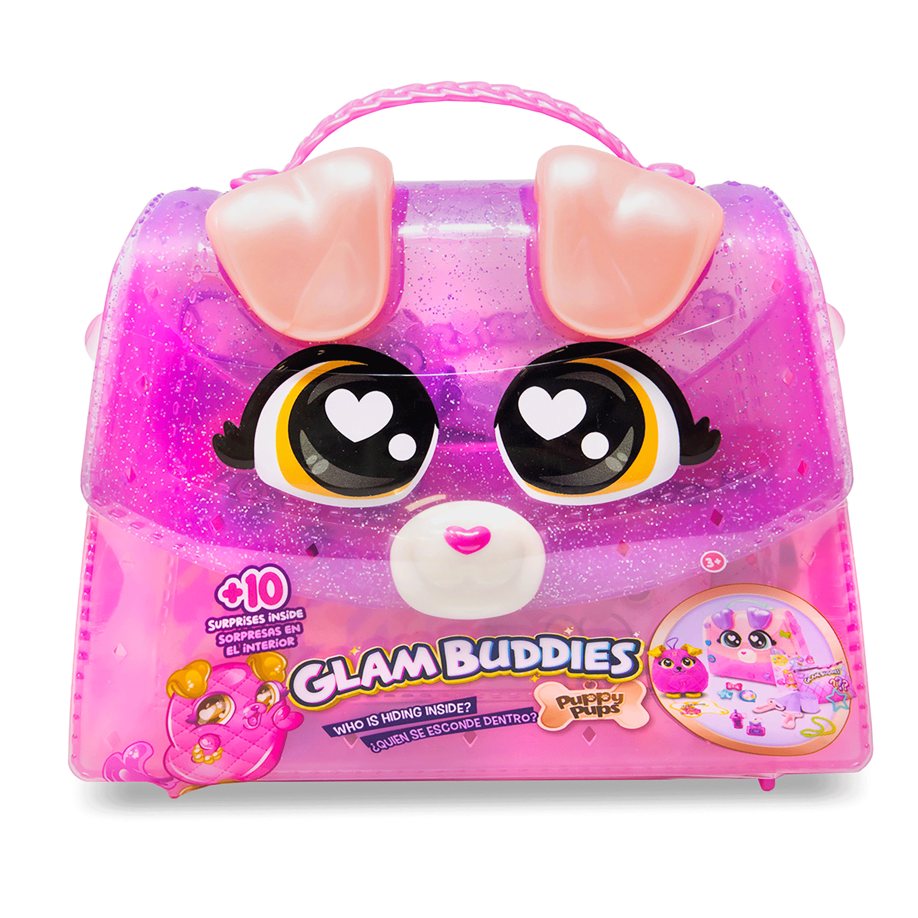 Egy csillogó, áttetsző rózsaszín Glam Buddies Puppy Pups játékkészlet kutyaszemekkel.