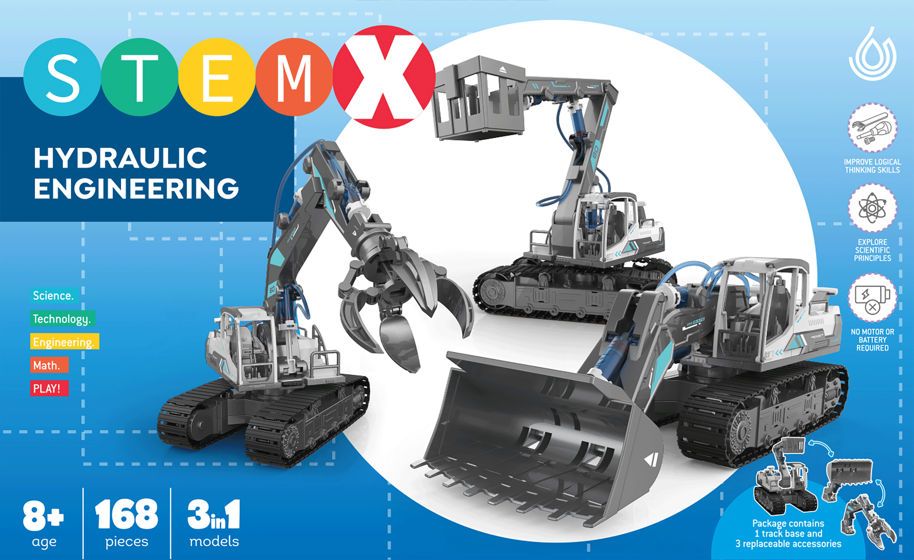 STEMX hidraulikus mérnöki készlet 3 markológép modellel és tartozékokkal.