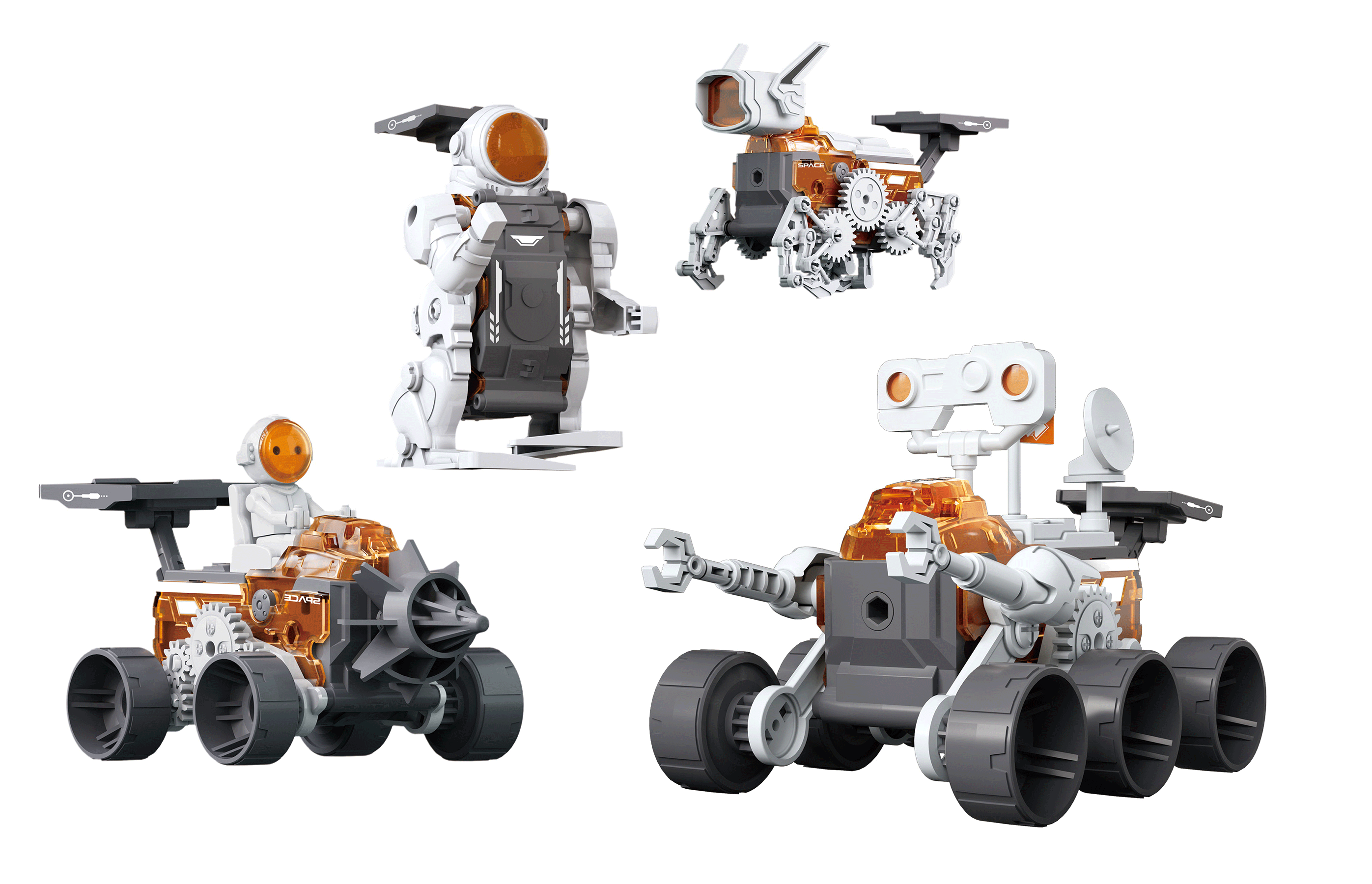 Négy fehér és narancssárga robot építőkészlet fehér háttéren.