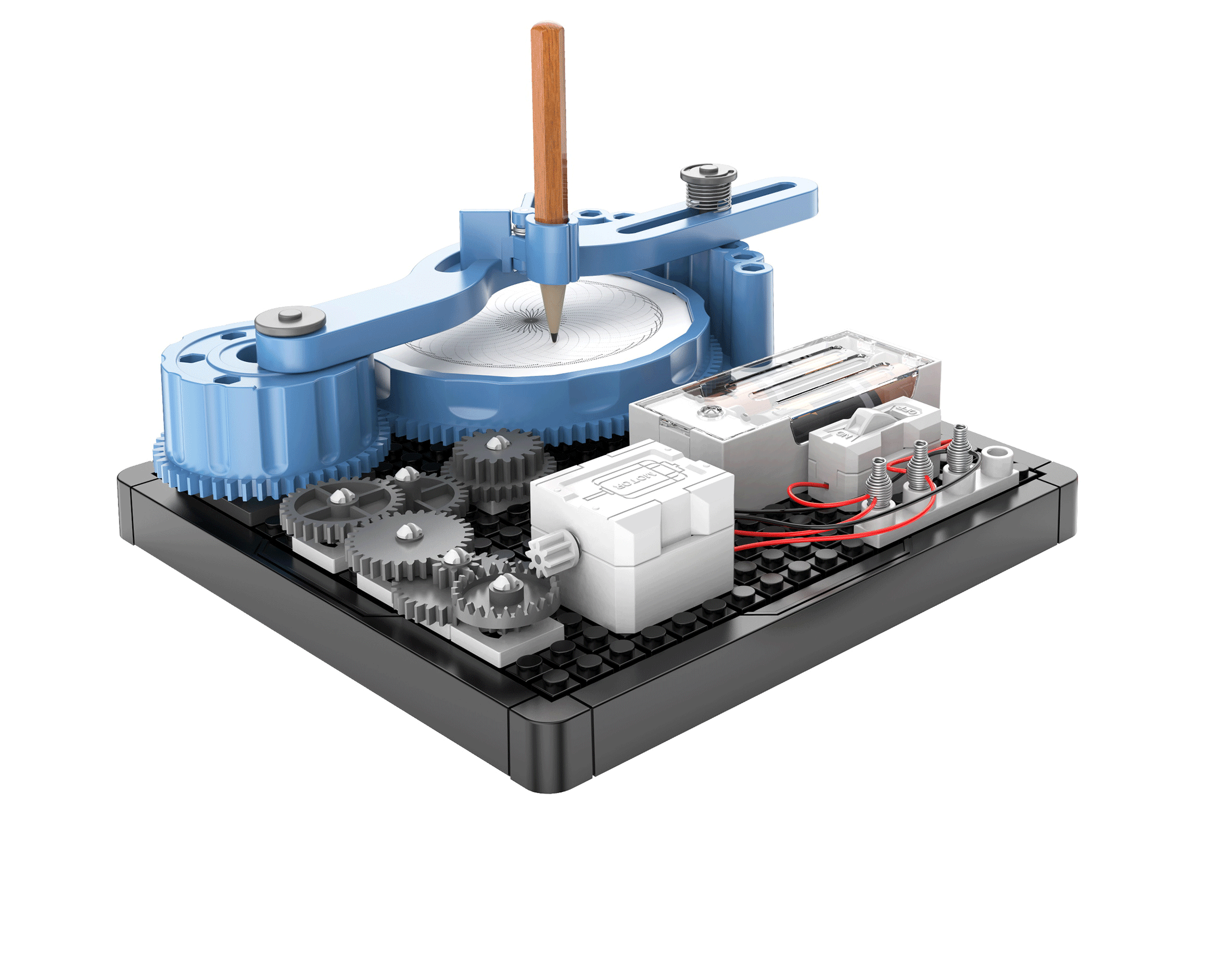 Egy mechanikus szerkezet fogaskerekekkel, papírra rajzoló ceruzával és elektromos alkatrészekkel.