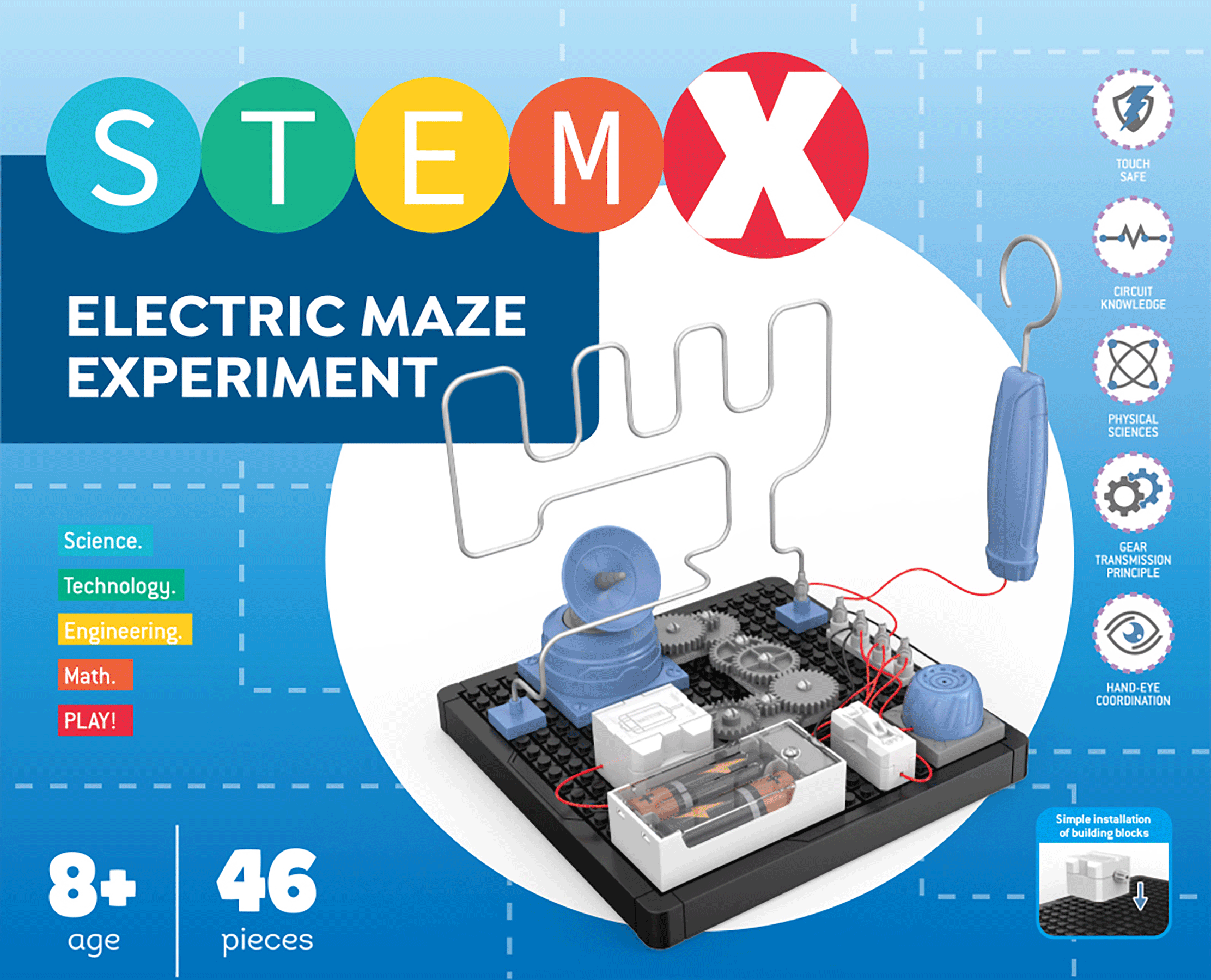 STEMX Elektromos labirintus kísérlet: fogaskerekekkel, elemekkel és egy labirintussal.