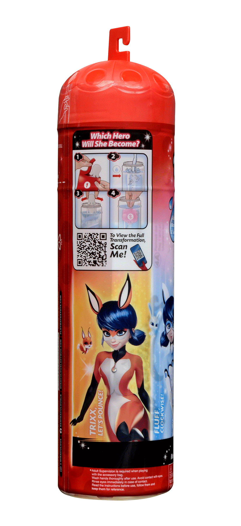 Piros cső utasításokkal és Miraculous karakterek képeivel.