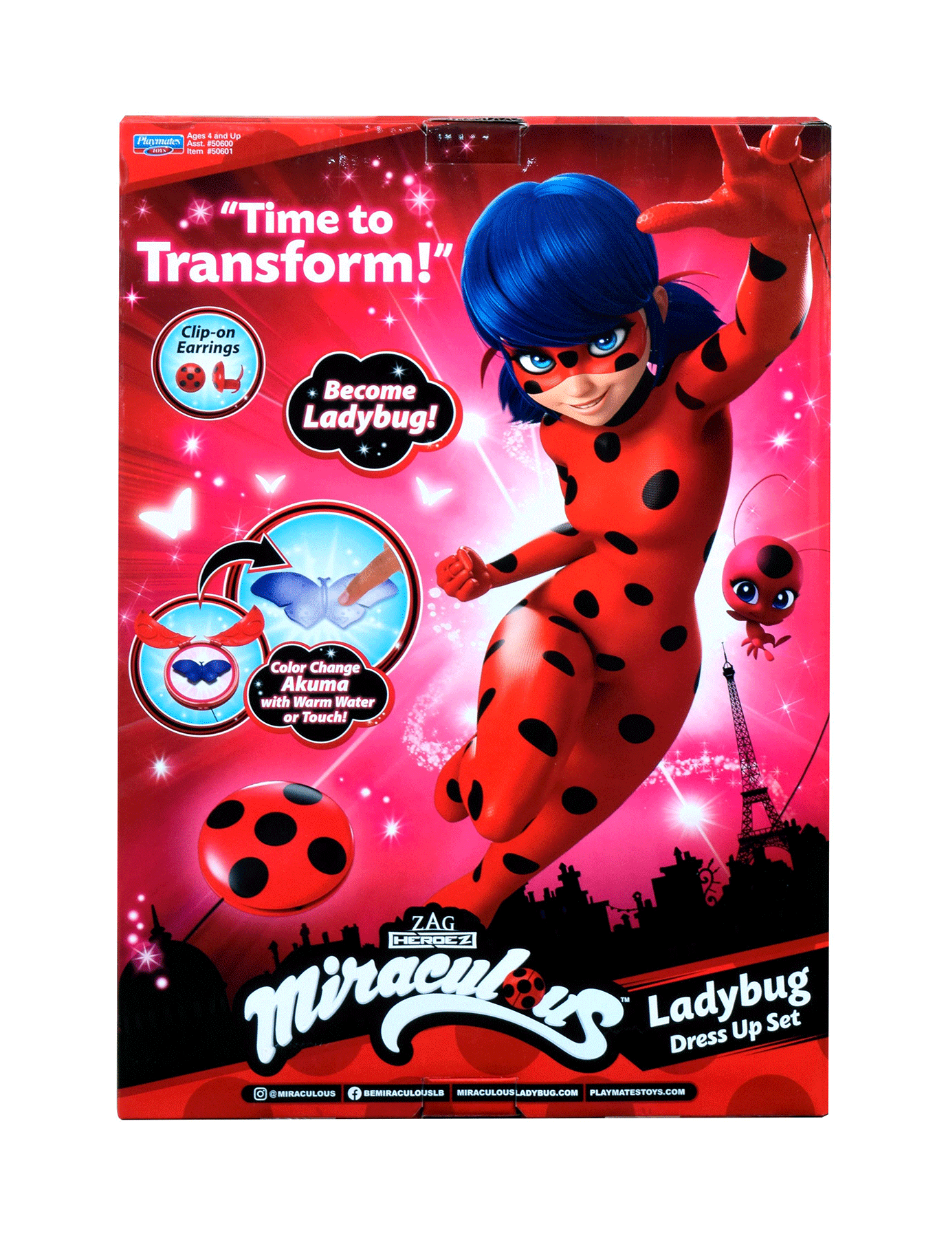 Ladybug jelmezes doboz Ladybuggal és Tikkivel az Eiffel-torony előtt.