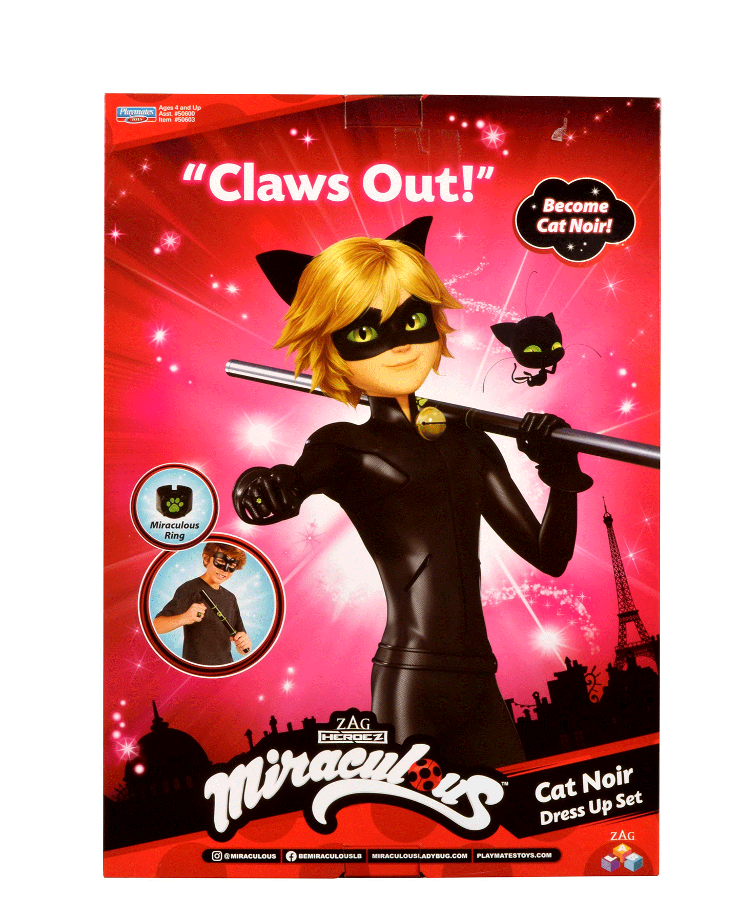 Miraculous Ladybug macska Noir jelmez szett doboz, karakterrel és Eiffel-toronnyal.