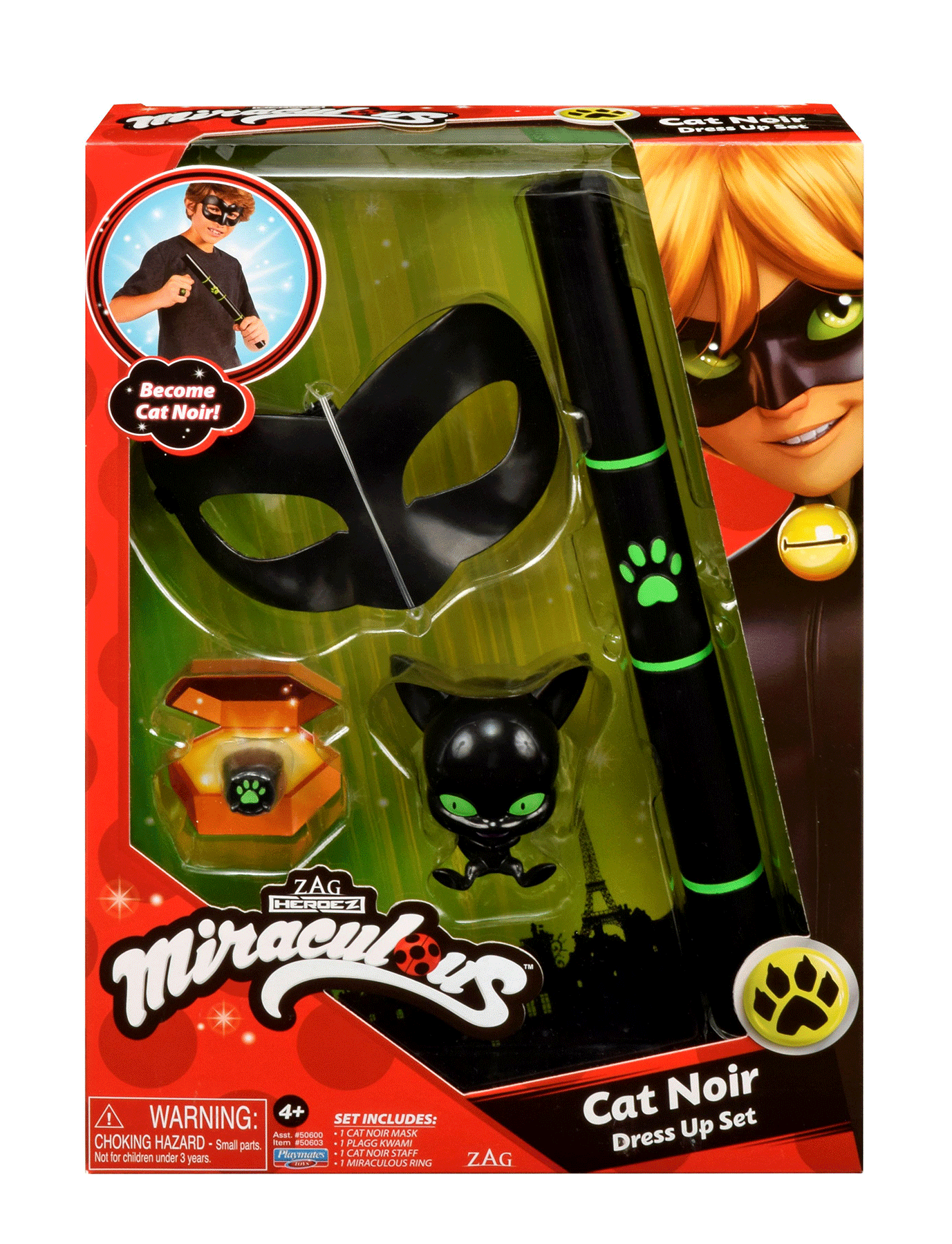 Cat Noir jelmezszett maszk, kwami, bot és gyűrű.