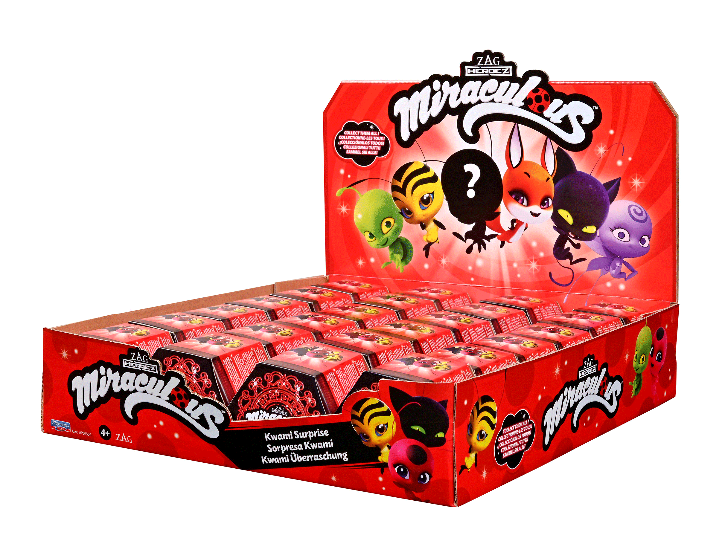 Nyitott doboz Miraculous Kwami meglepetés dobozokkal, színes figurák az elején.
