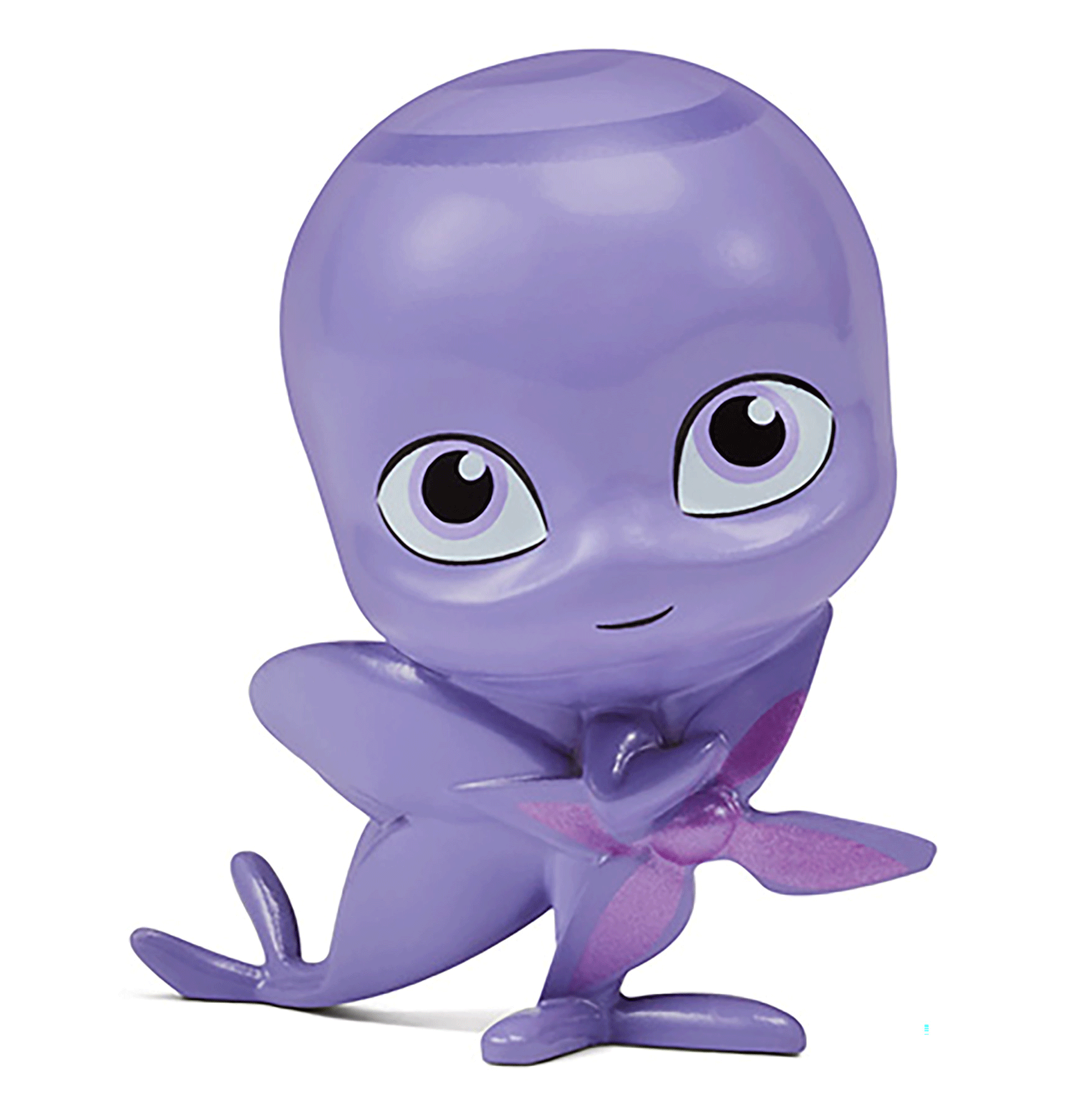 Egy lila figura nagy szemekkel és széles mosollyal.