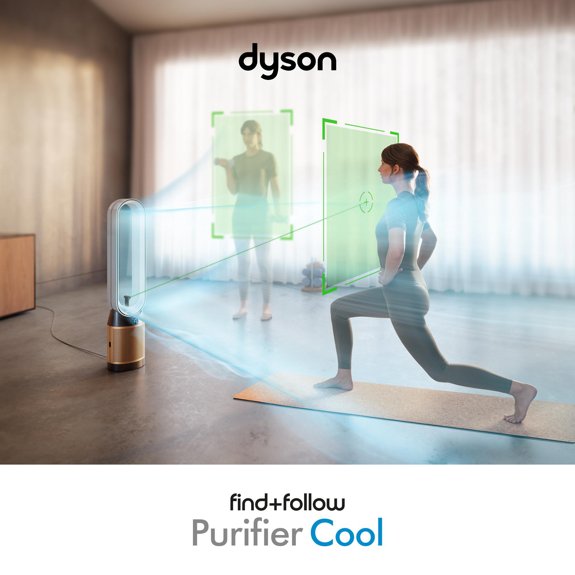 Ein Dyson Luftreiniger sendet Luftstrahlen zu zwei Frauen, die Yoga machen.