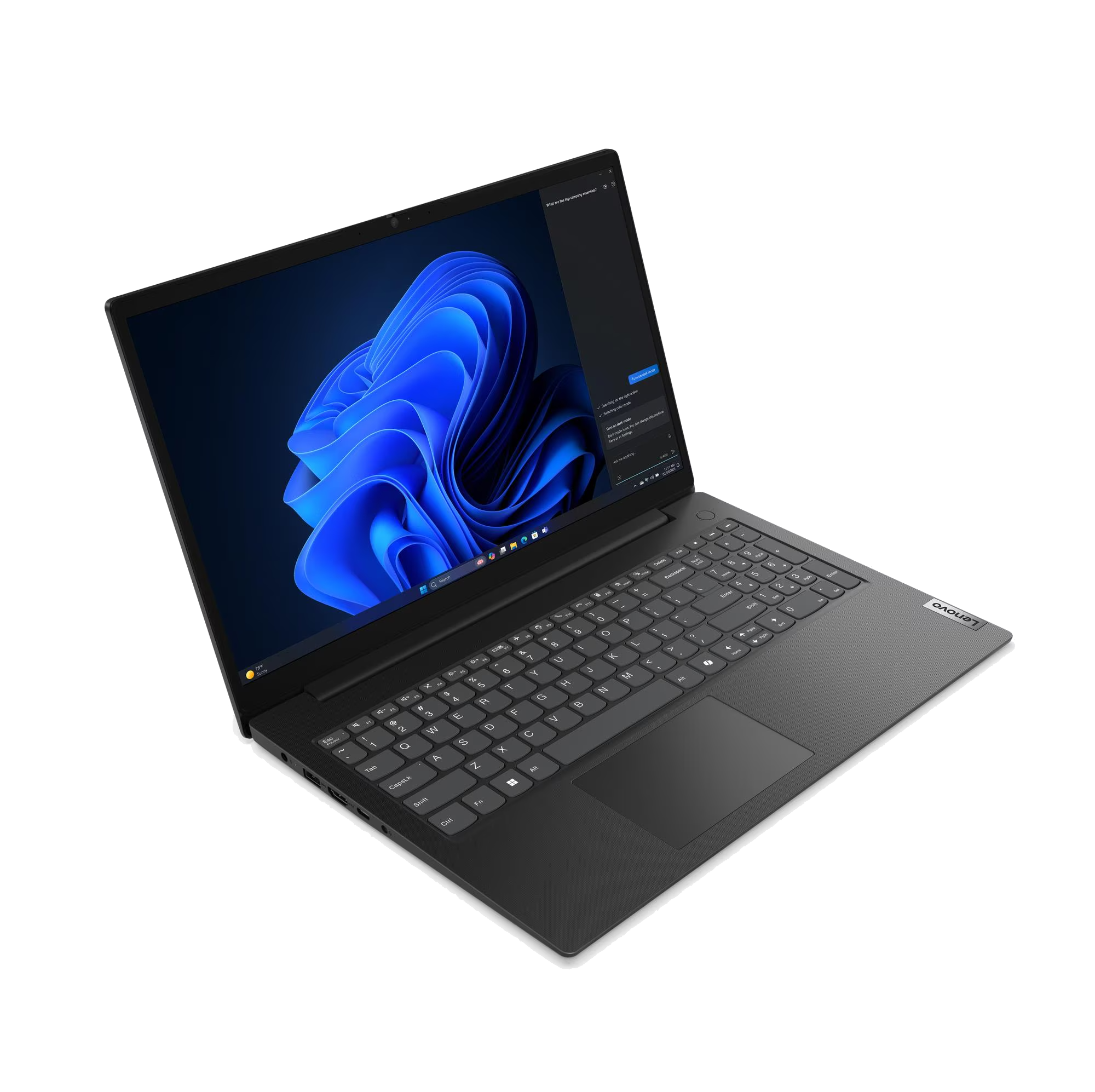 Un portátil negro con teclado retroiluminado y fondo de pantalla azul.