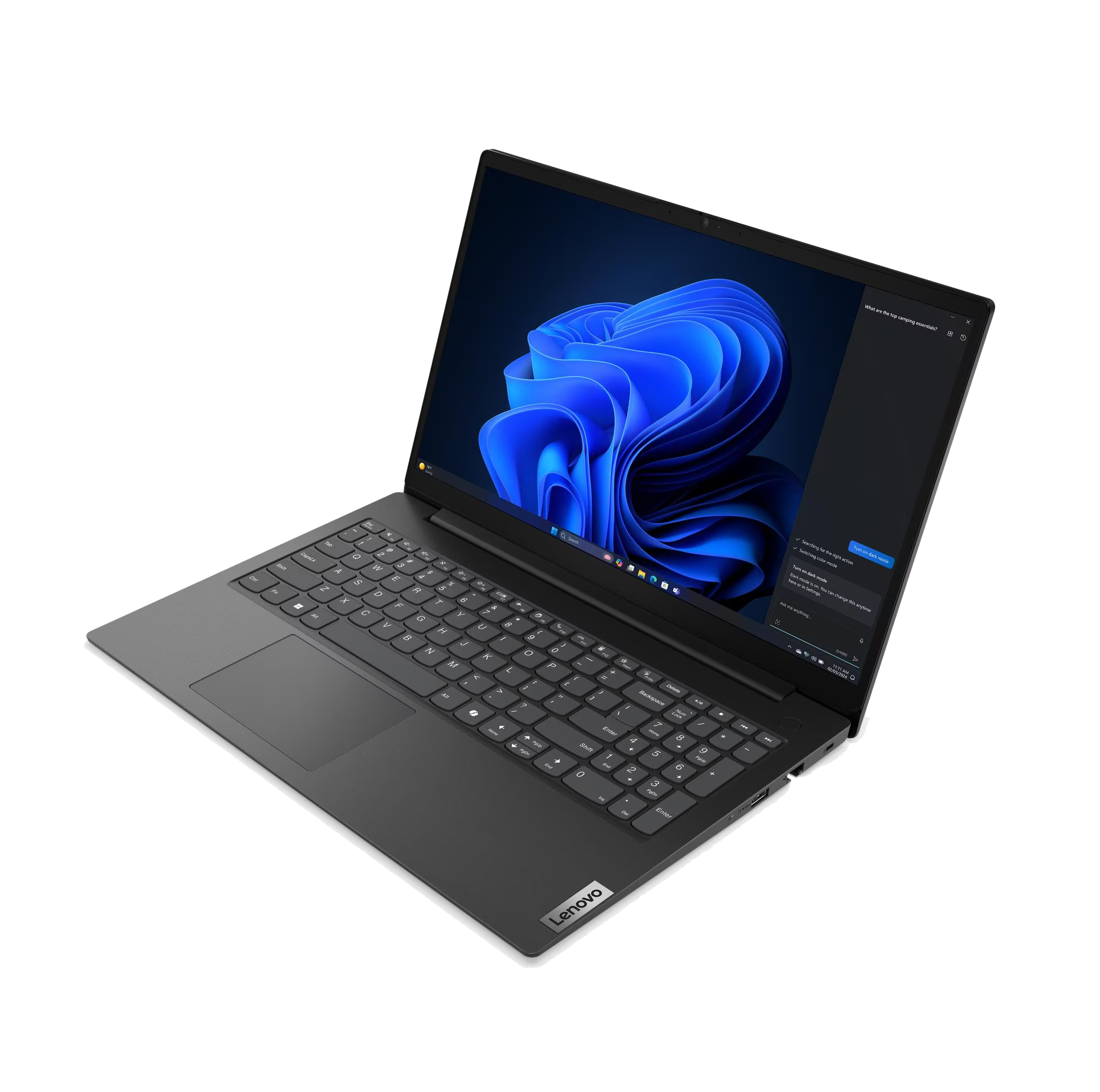 Un portátil Lenovo abierto que muestra un fondo azul y el teclado.