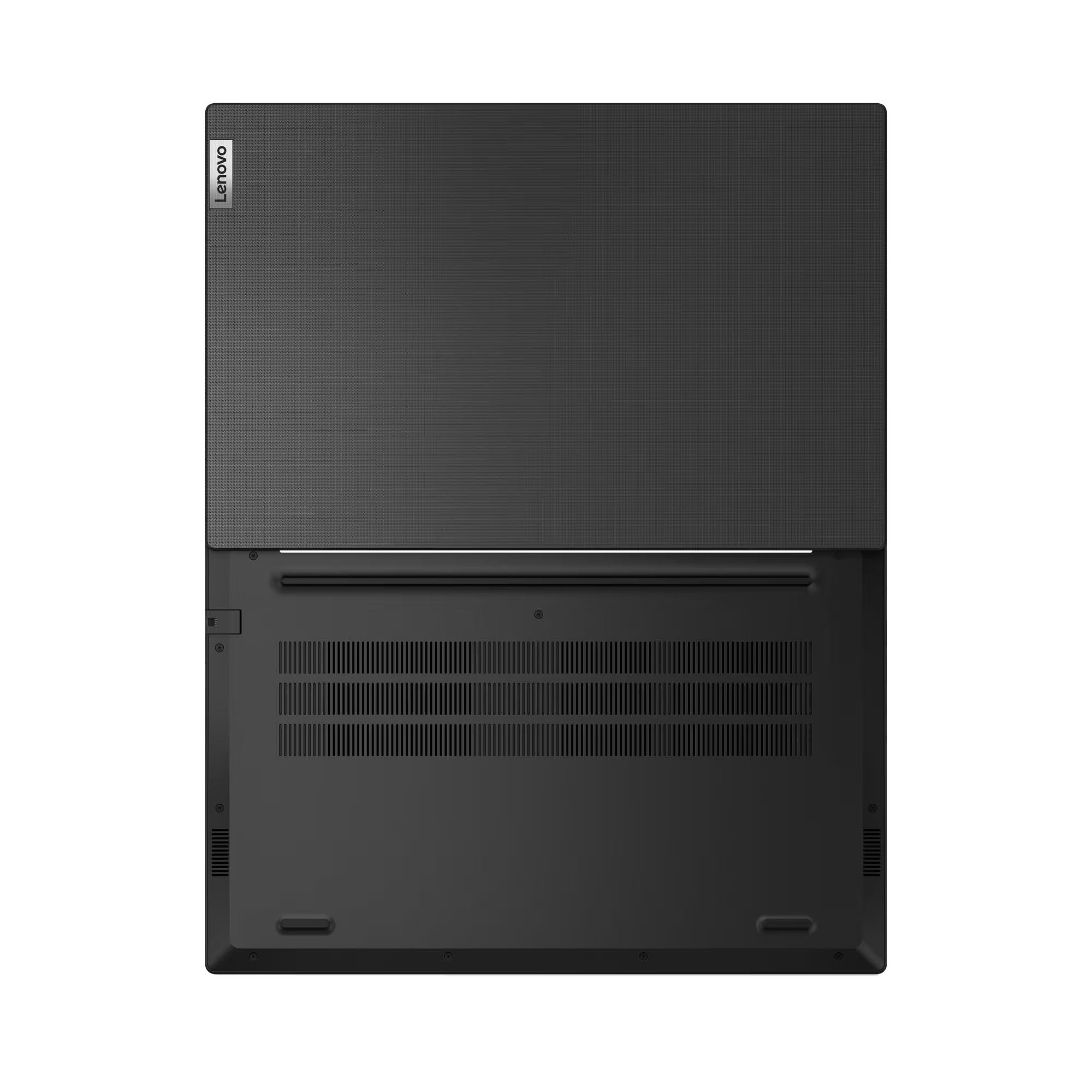 Parte inferior de un portátil gris cerrado con logo de Lenovo.