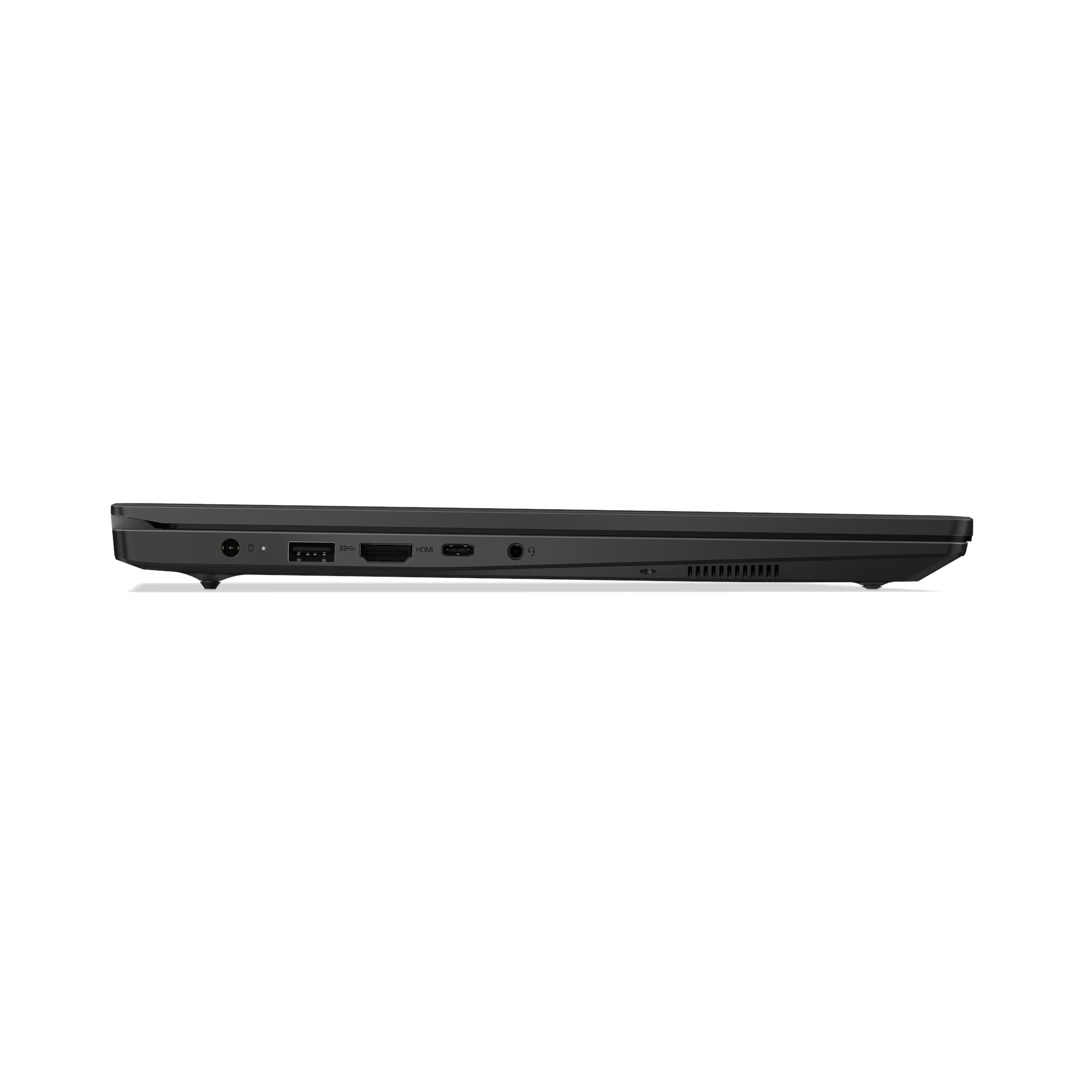 Se muestra el lado izquierdo de un portátil negro, con varios puertos: alimentación, dos USB-A, HDMI y un conector para auriculares.