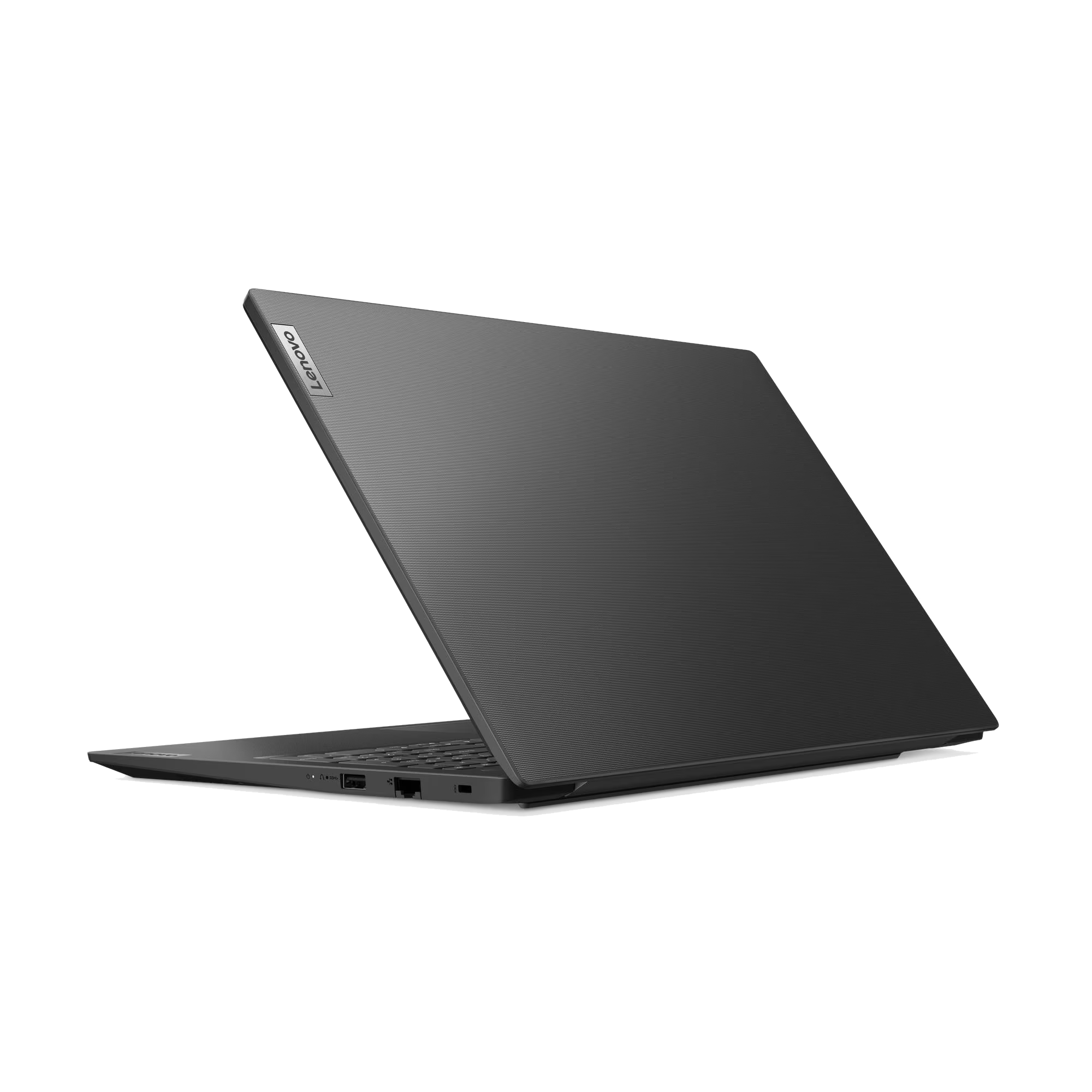 Un portátil oscuro está abierto y se muestra de lado. La marca Lenovo es visible.
