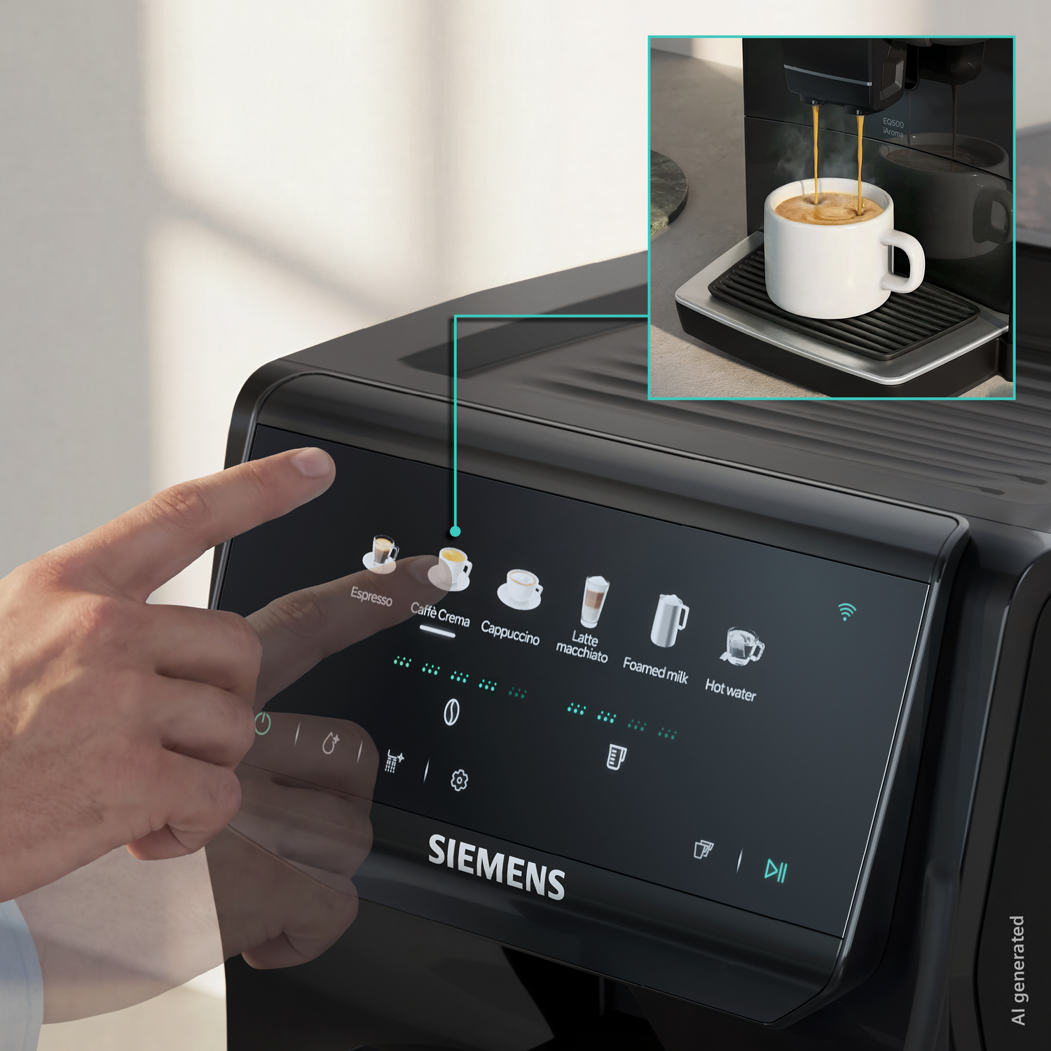 A hand selects coffee drinks on a Siemens fully automatic coffee machine.