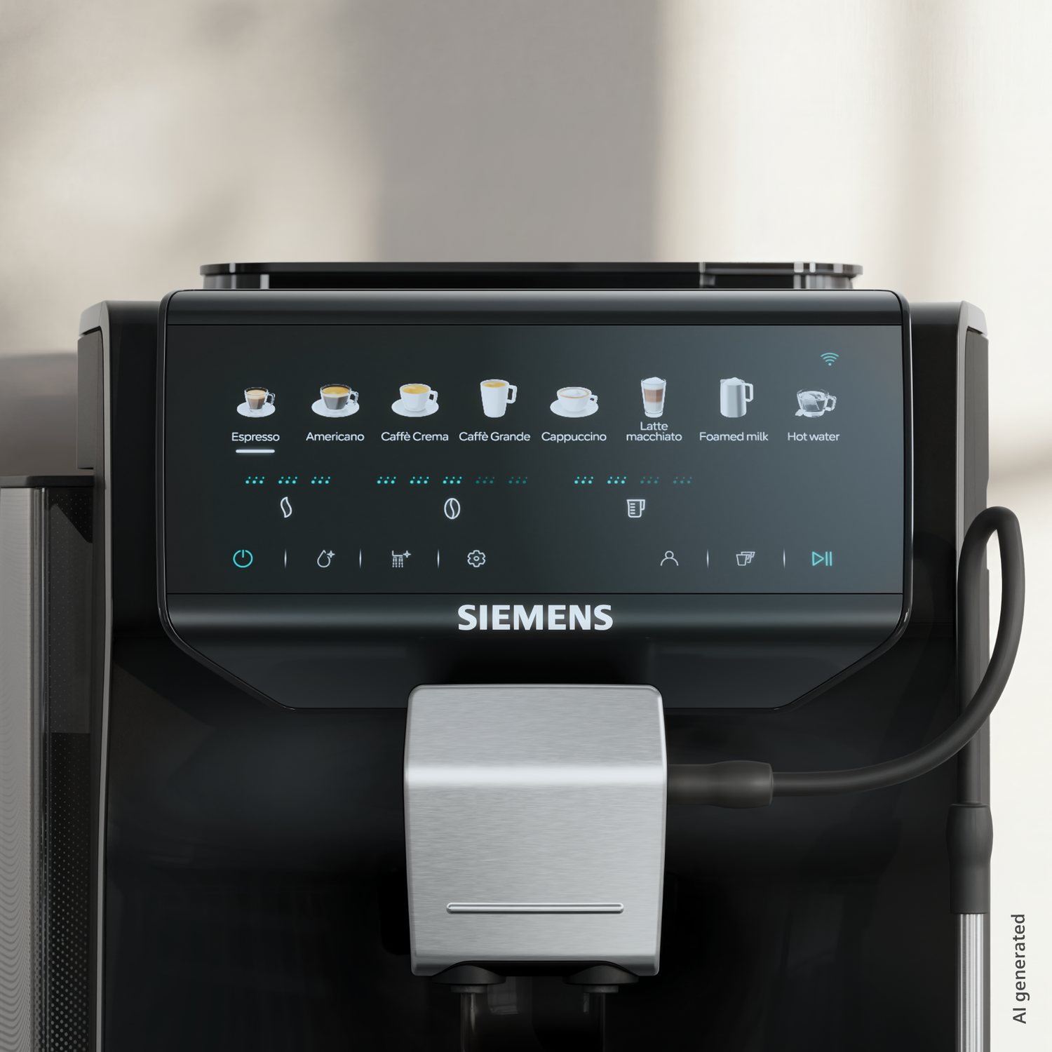 A black Siemens coffee machine with a touchscreen display showing coffee options.
