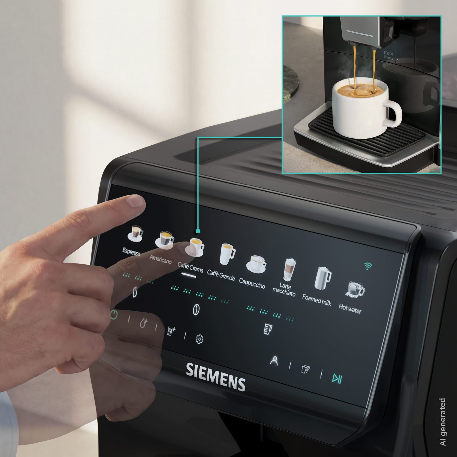 A hand touches the screen of a black Siemens coffee machine, displaying drink options. Inset shows coffee pouring into a mug.