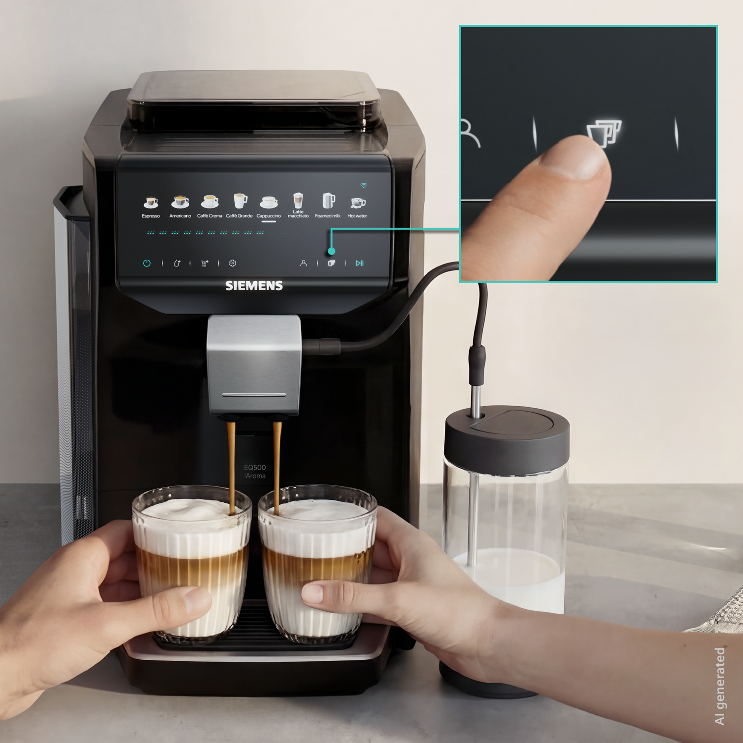Siemens coffee machine makes two cappuccinos, finger presses the display.