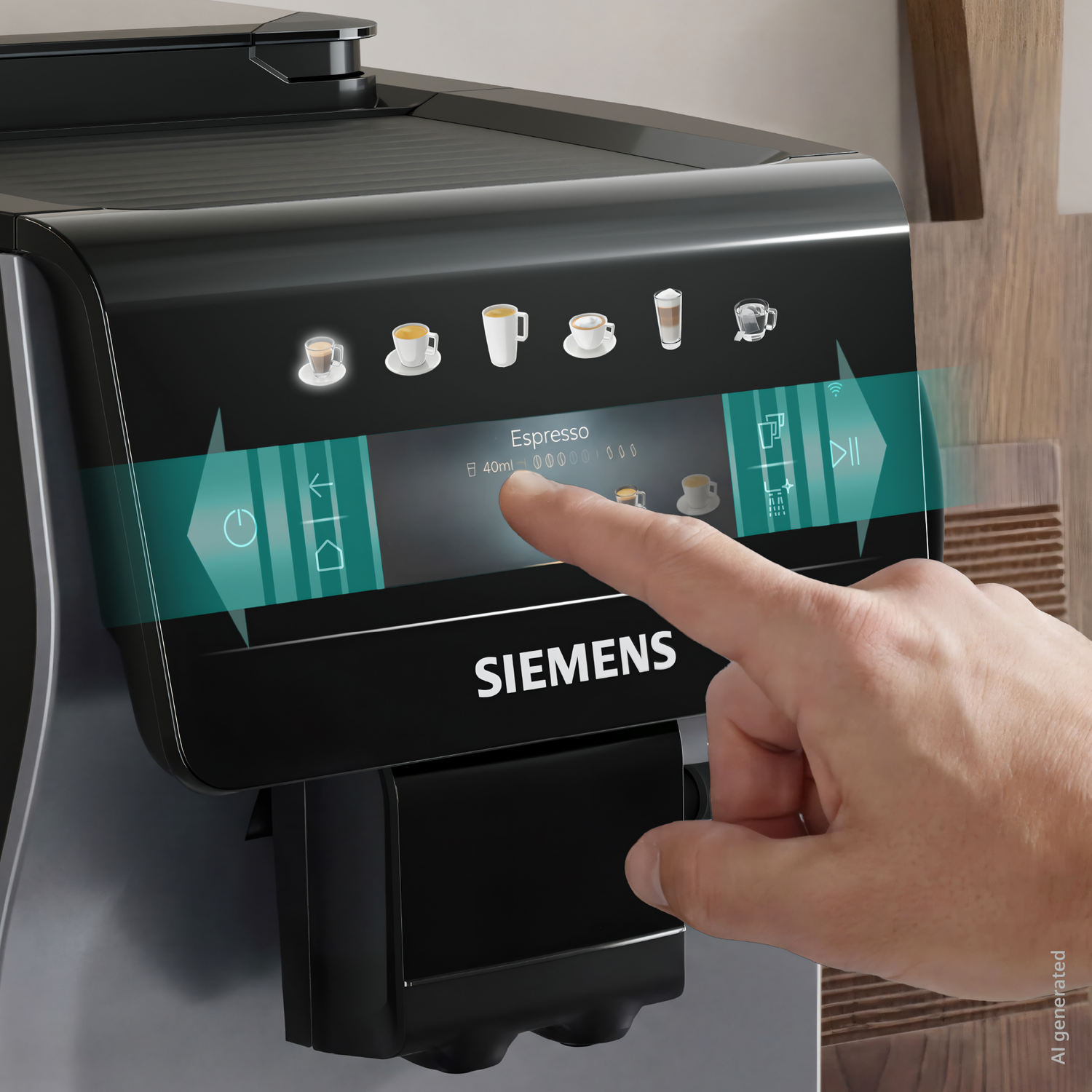 A hand touches the display of a black coffee machine, showing various coffee options and the Siemens logo.