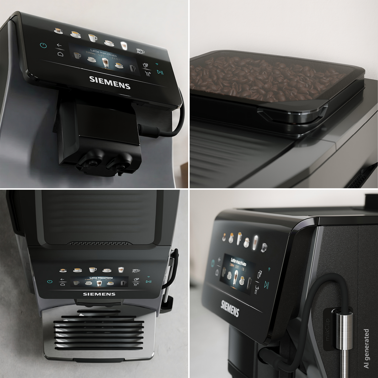 Modern Siemens coffee machine with touchscreen menu and integrated milk system.