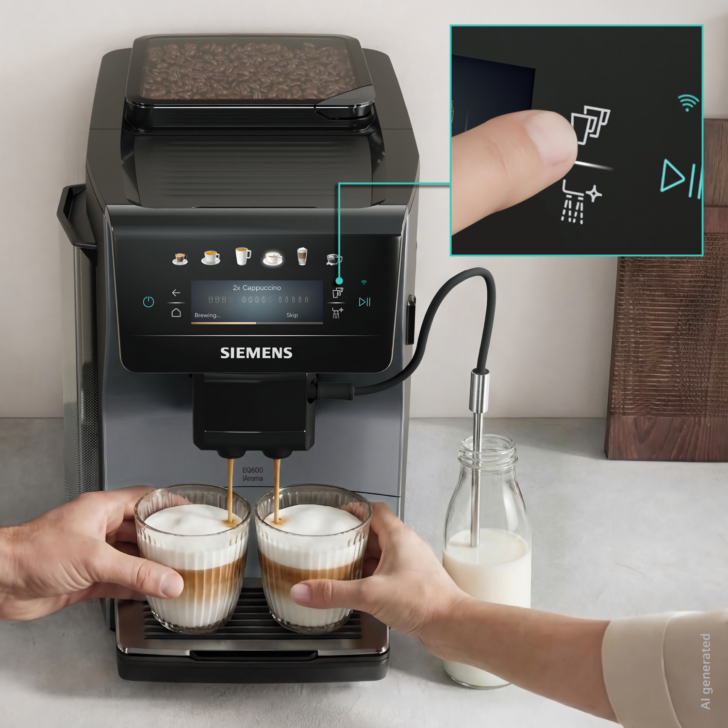 A Siemens coffee machine making two cappuccinos, with a hand pressing a button on the touchscreen display.
