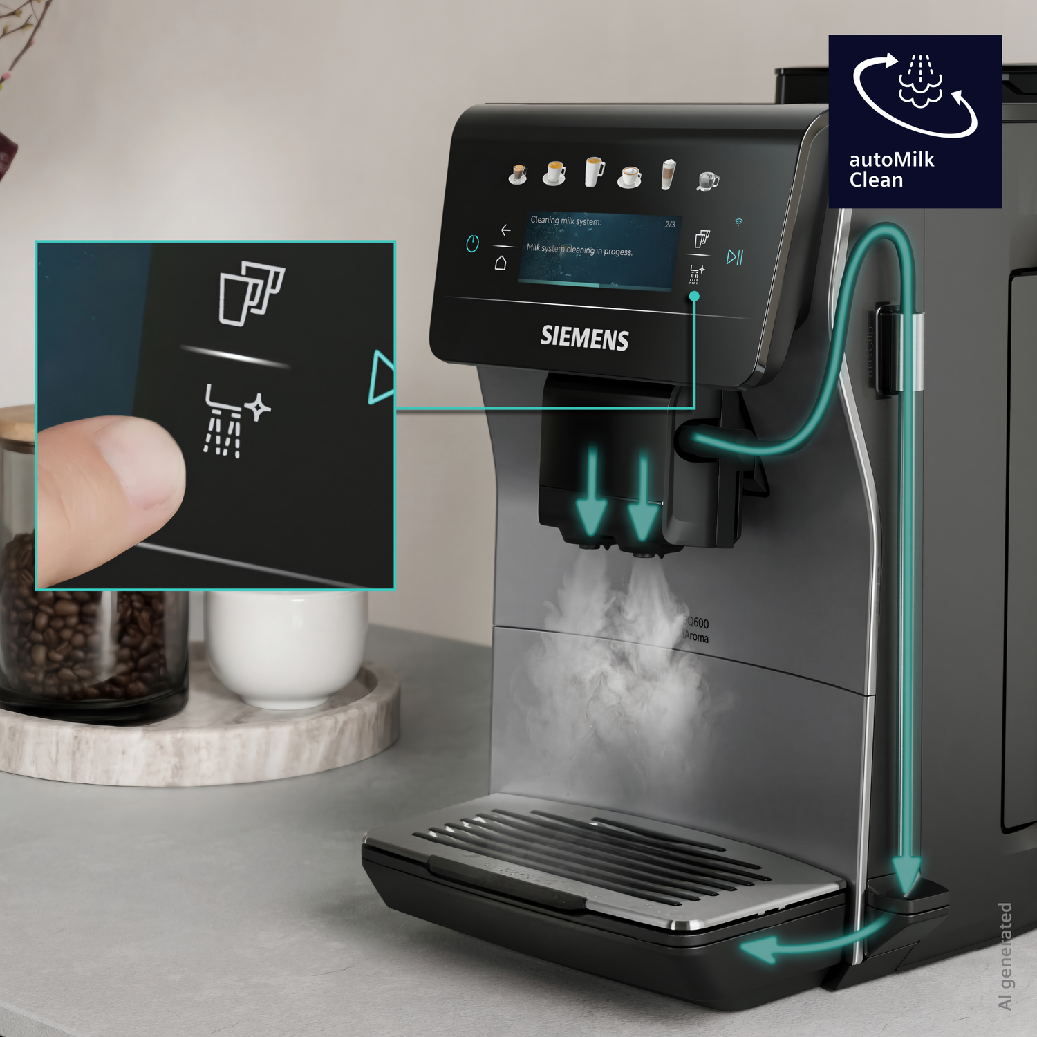 A Siemens coffee machine with a display showing "Cleaning milk system". A finger presses a cleaning icon.