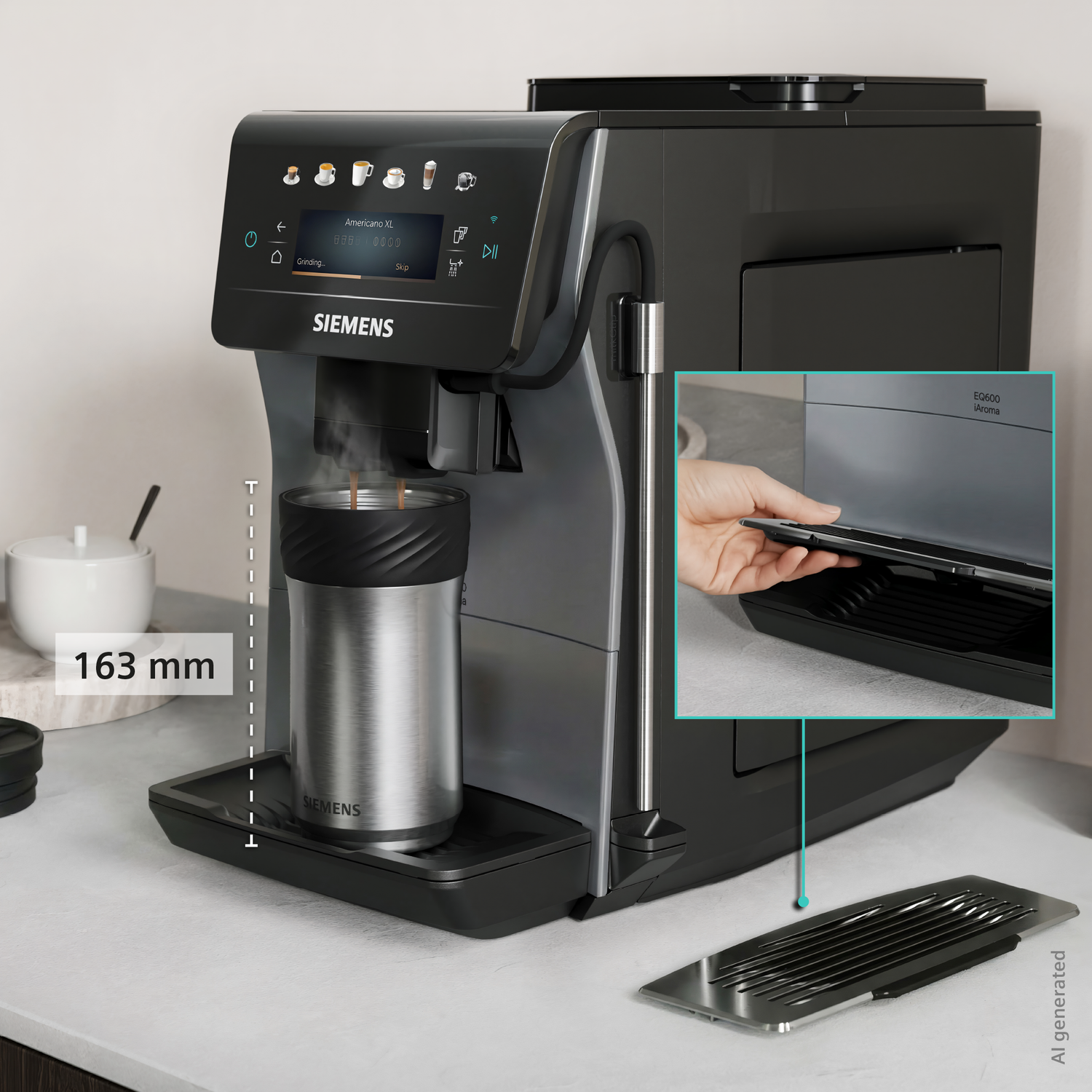 Siemens coffee machine with brewing unit and thermal cup, 163 mm height.