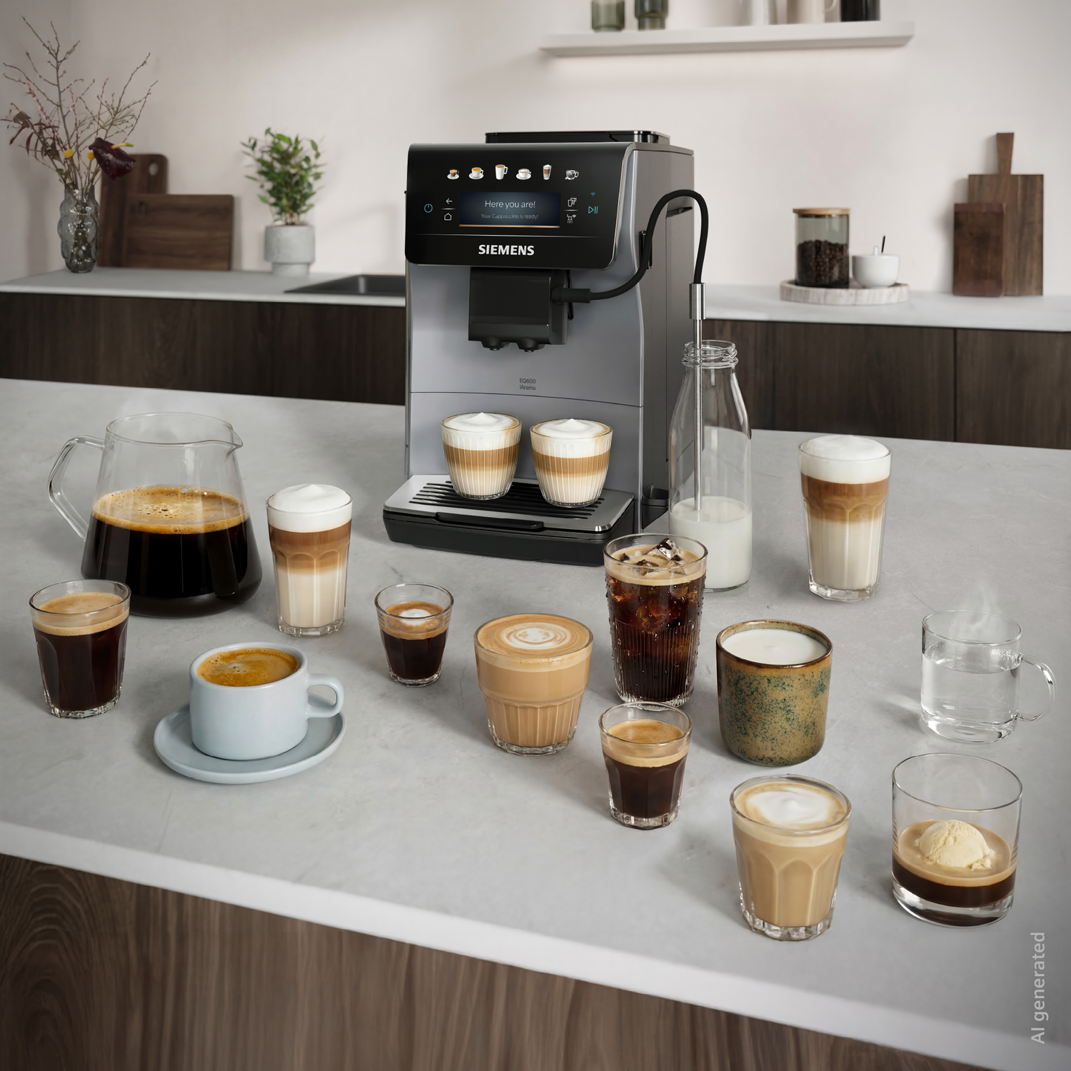 Coffee machine with many coffee drinks in glasses and cups.