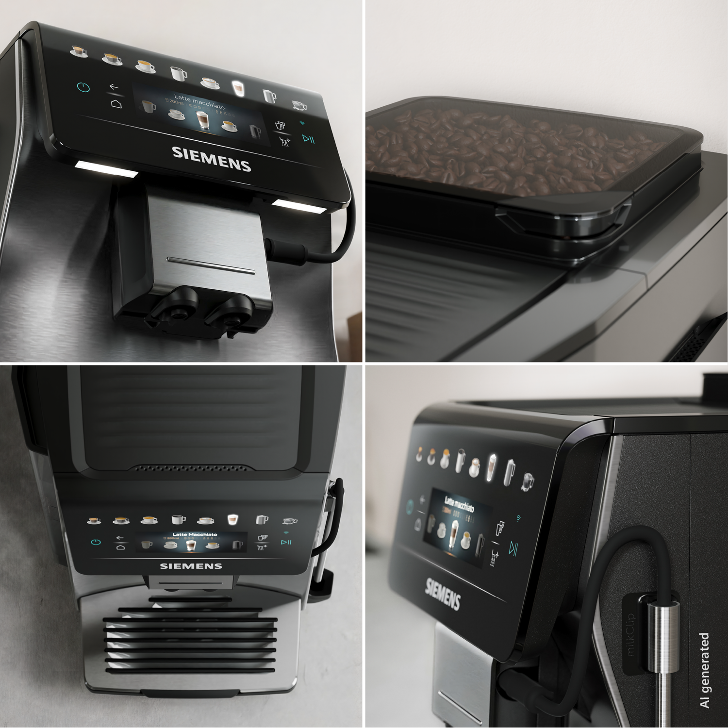 Siemens coffee machine with touchscreen, bean hopper, and milk system detail.