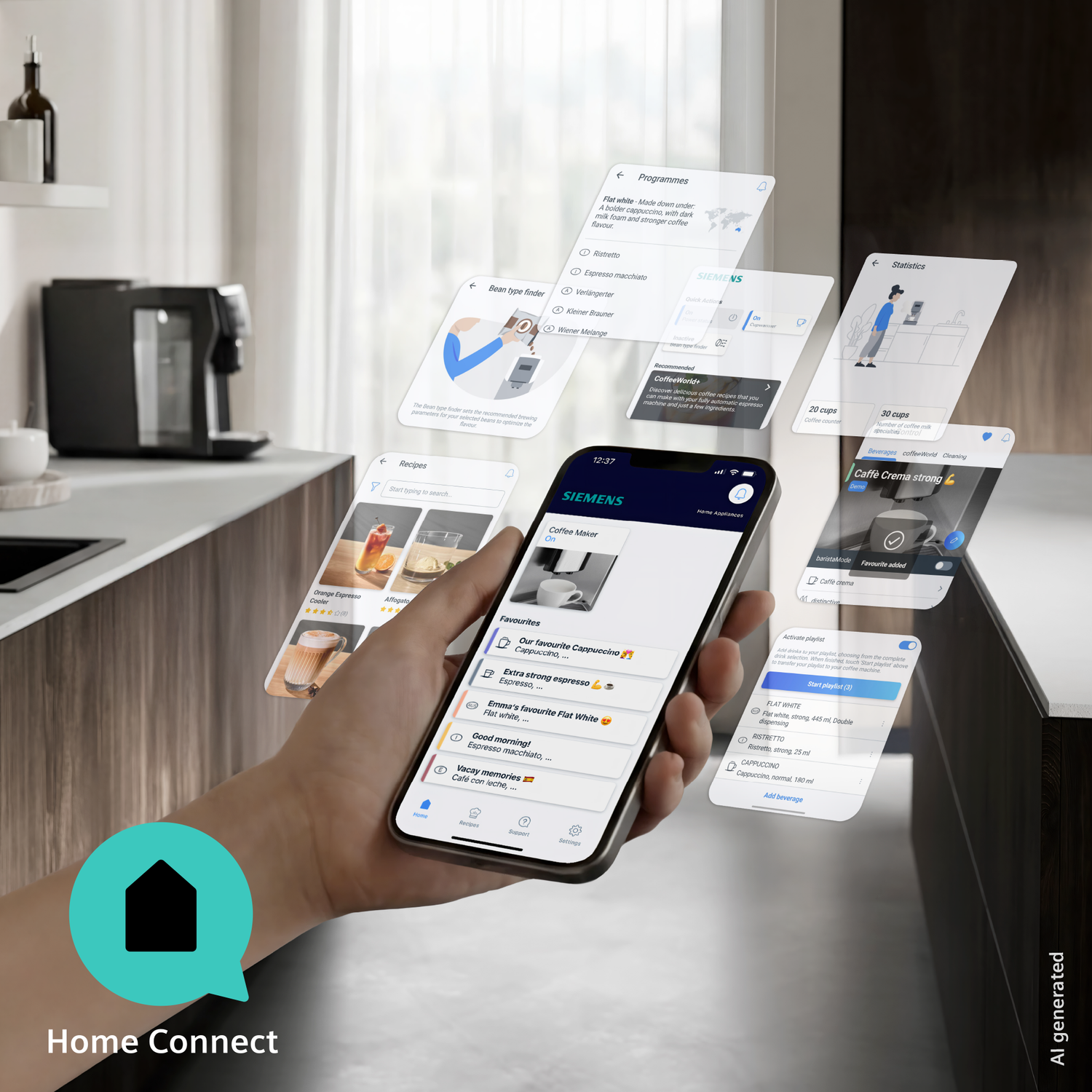 A hand holds a smartphone displaying the Home Connect app, controlling coffee machines.