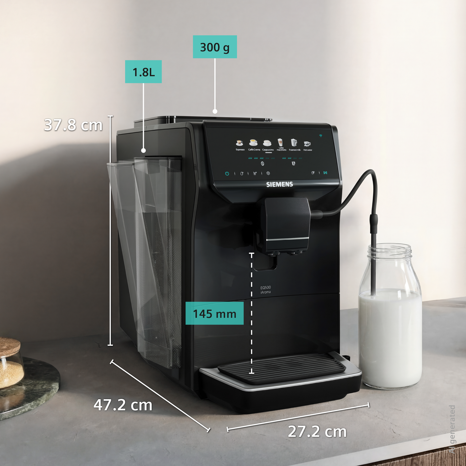 Machine à café noire avec réservoir 1,8L, bac à grains 300g, dimensions 47,2x37,8x27,2cm.