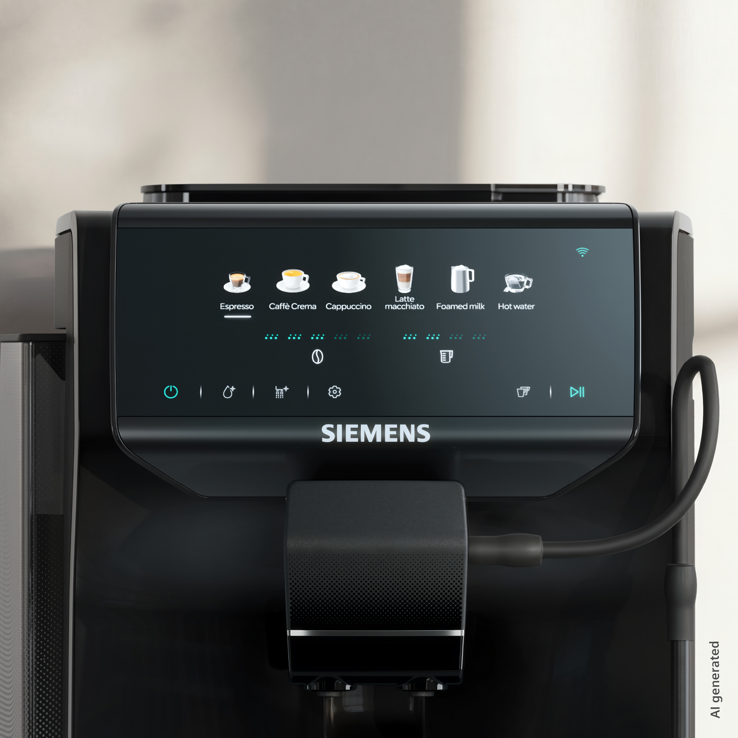 Une machine à café Siemens noire avec écran tactile affiche les options de boisson.