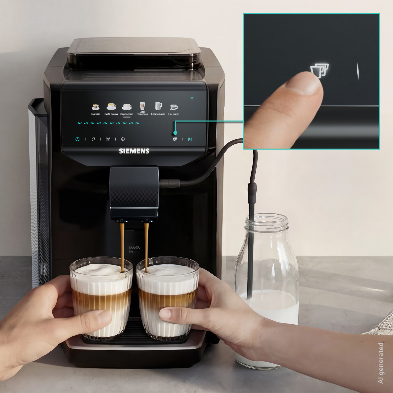 Machine à café Siemens prépare deux cafés, un doigt touche l'écran.
